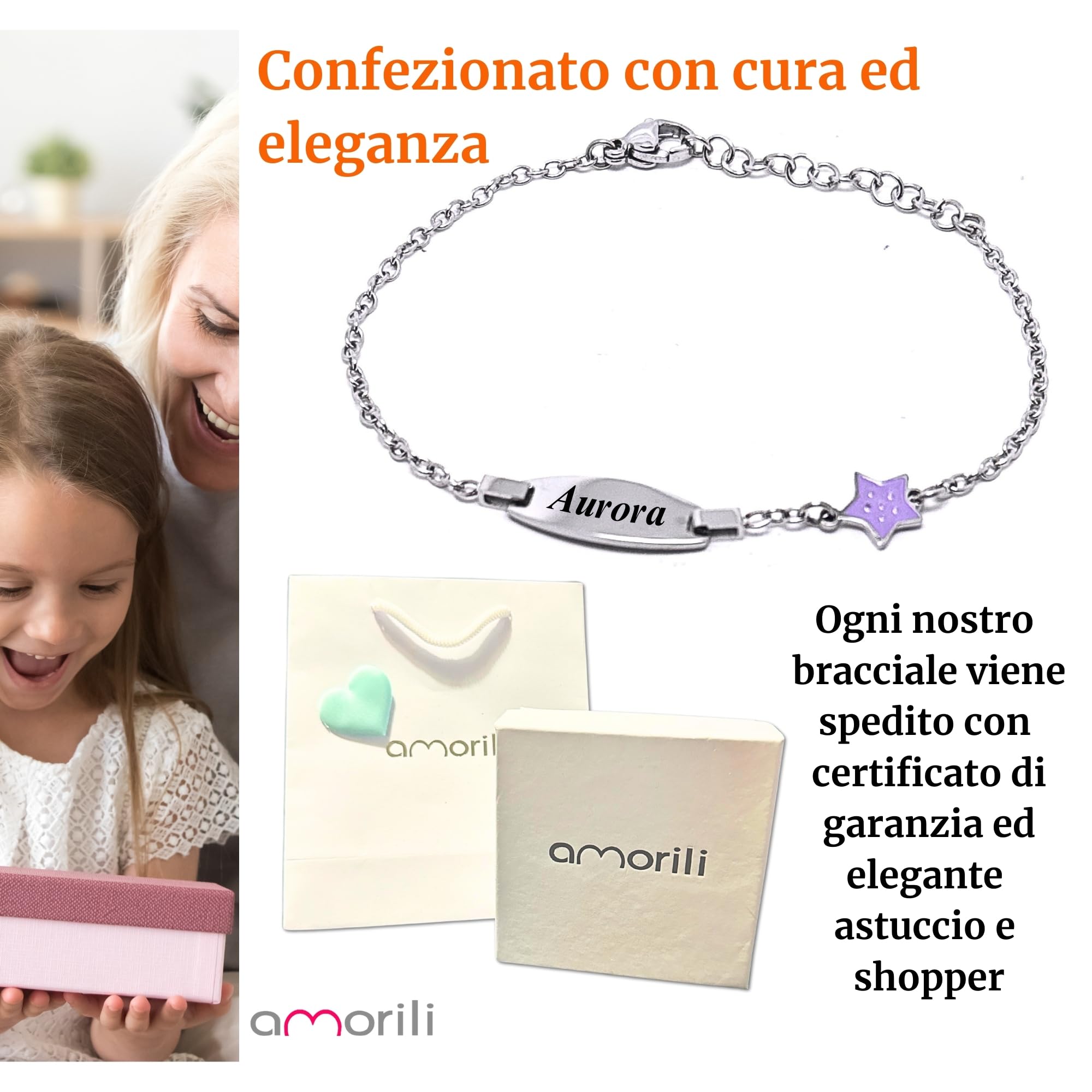 amorili Bracciale Bambina con Stellina Personalizzabile – Acciaio Inox Anallergico – Idea Regalo Battesimo, Compleanno, Nascita – Made in Italy bcc3106