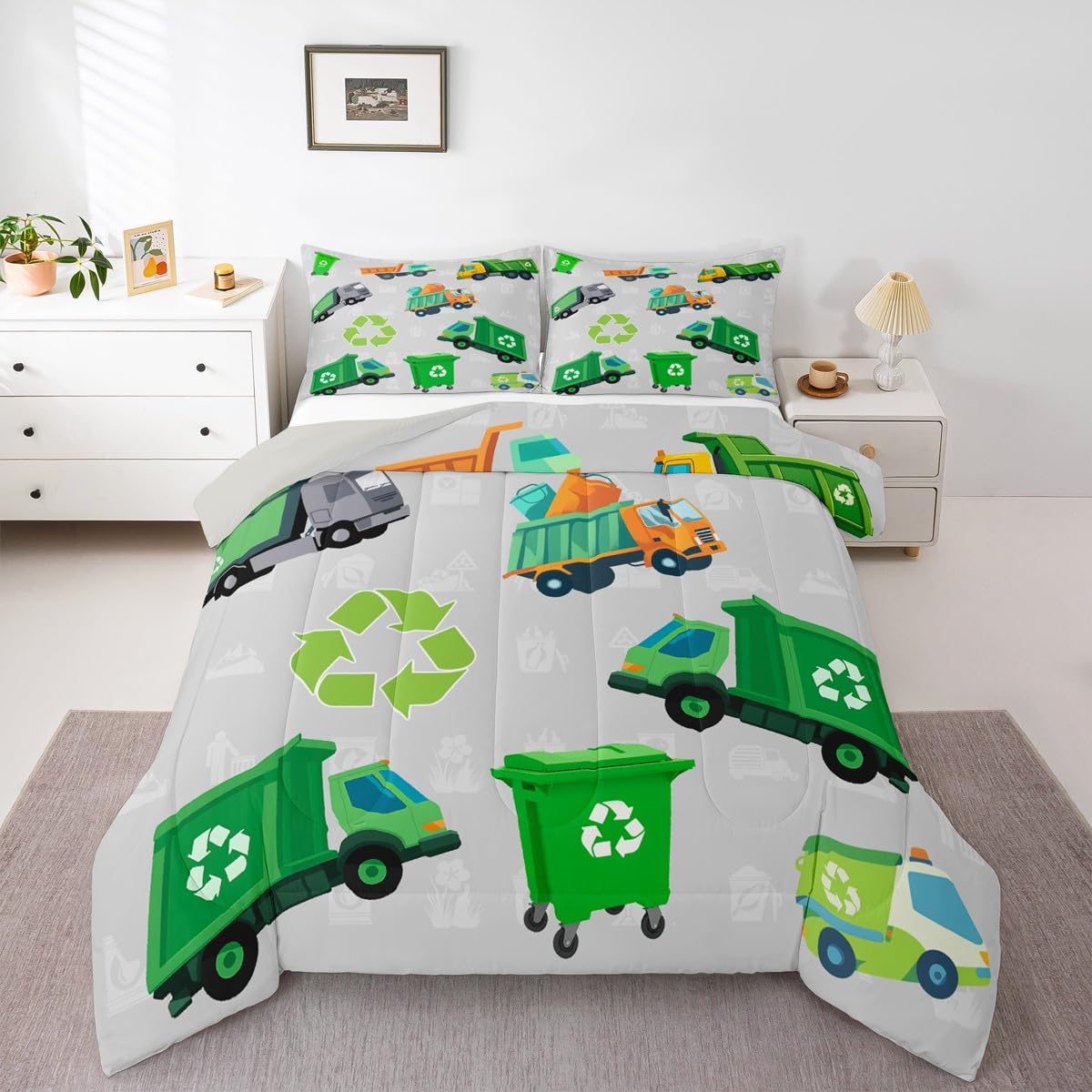Feelyou Boys Green Garbage Truck Bedding Set Cartoon Trash Truck Comforter Set for Kids Boys Girls Teens Green Vehicle Car Comforter Garbage Truck Toy Duvet Set Full Size with 2 Pillow Case