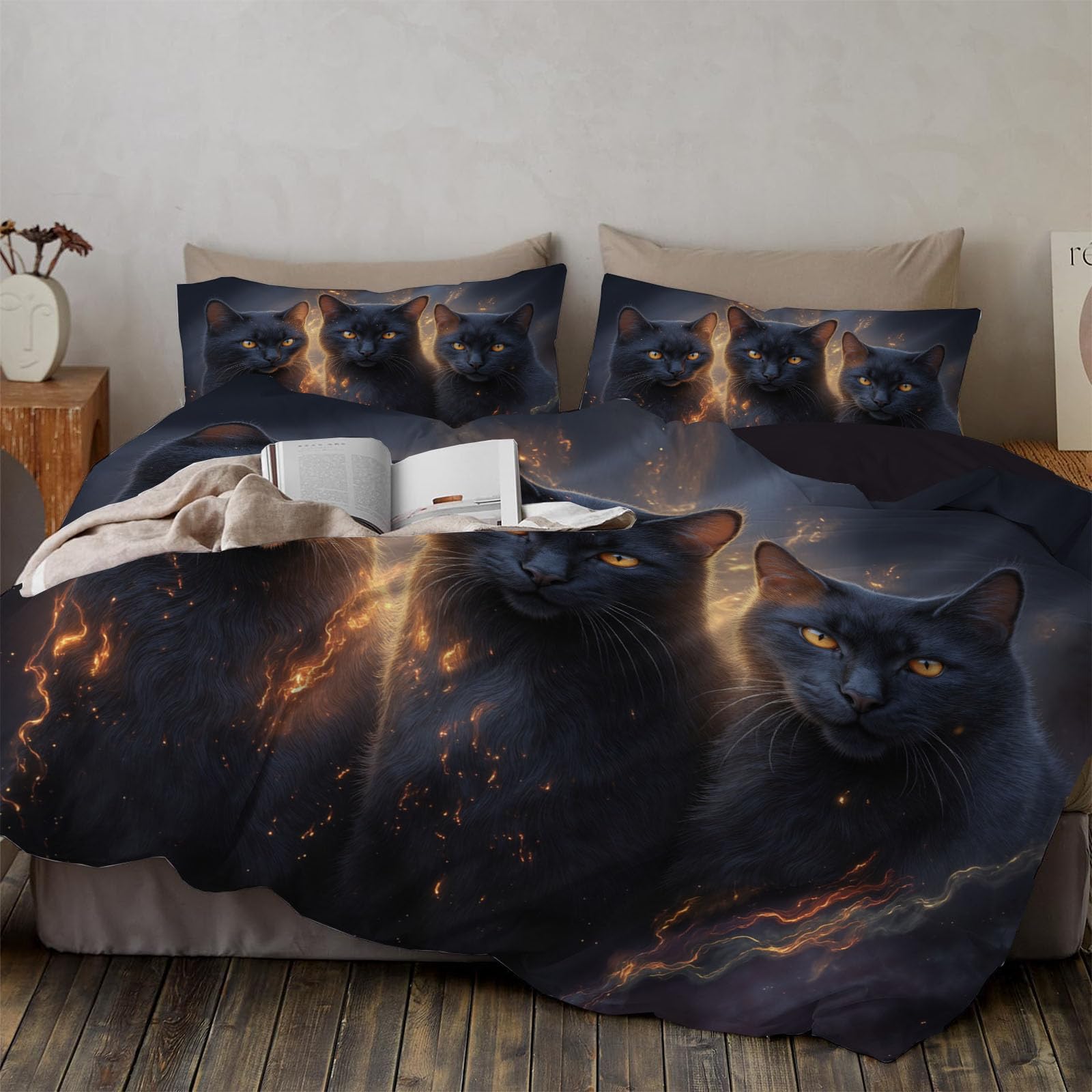 Housse de couette 220x240cm 2 personnes parure de lit noir microfibre fermeture éclair chat adulte