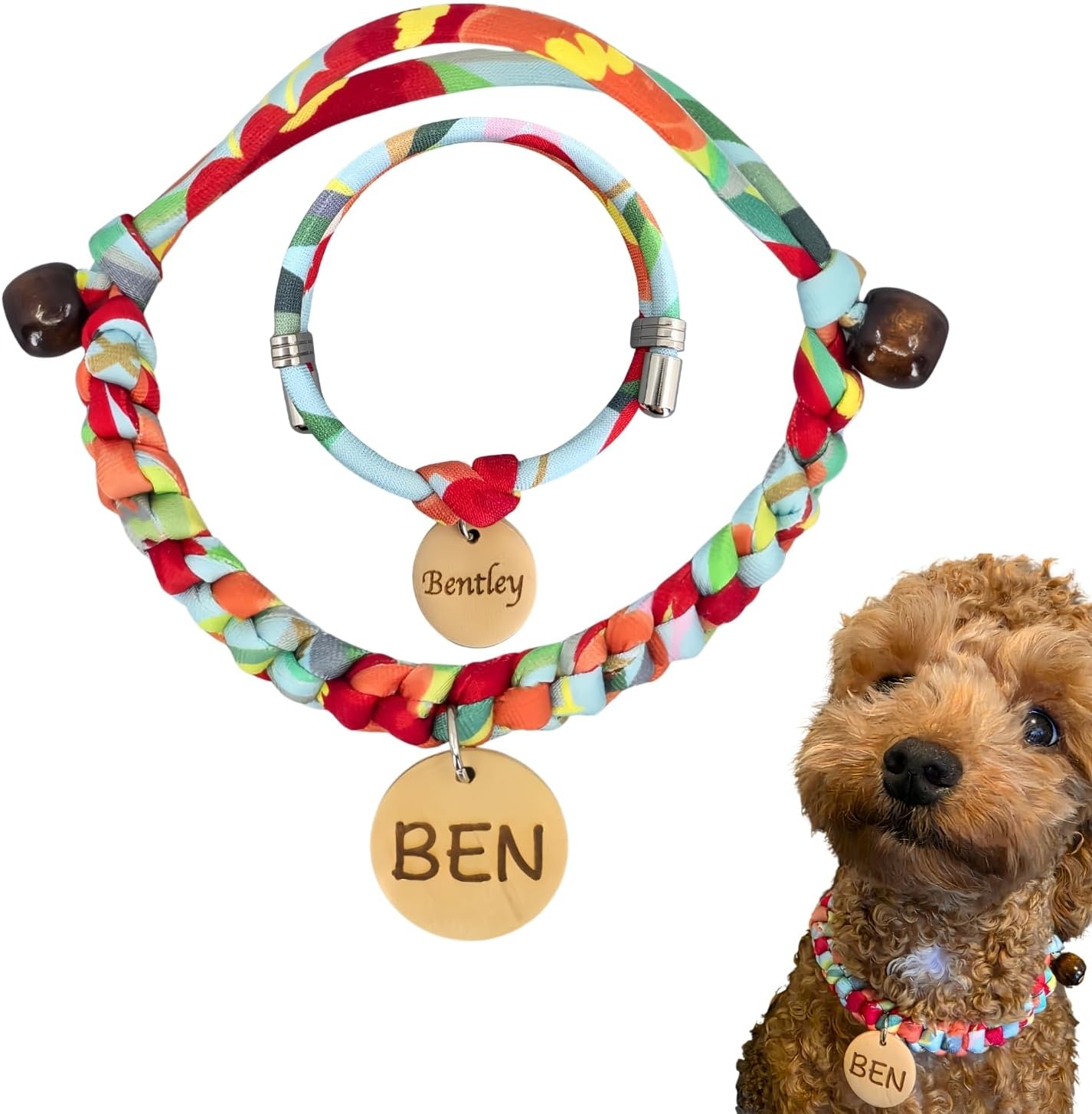 Cute Personalized Dog Cat Collar Custom with Name – Matching Bracelet Set Option for Owners, Handmade Custom Collars for Dogs, Cats, Puppy to Large Dog Collar with 2 Engraved Wooden Tags (Glow)