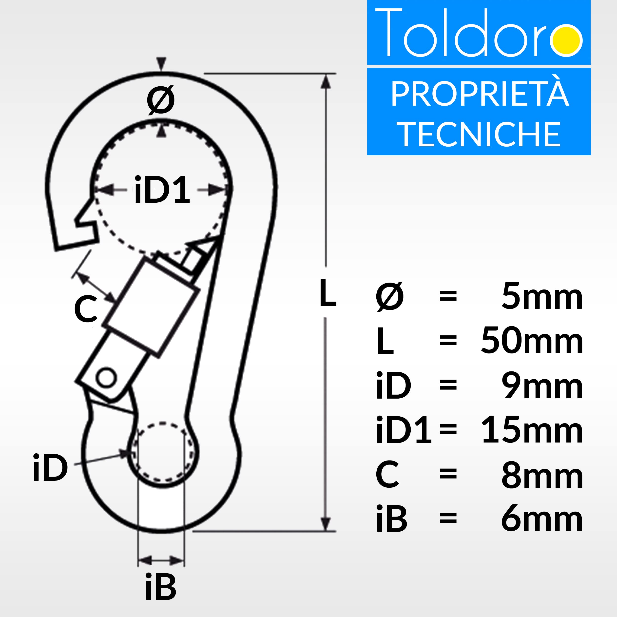 Toldoro Moschettone in acciaio inox con chiusura di sicurezza, moschettone 70 mm, moschettone per il fissaggio, moschettone in acciaio inox con chiusura