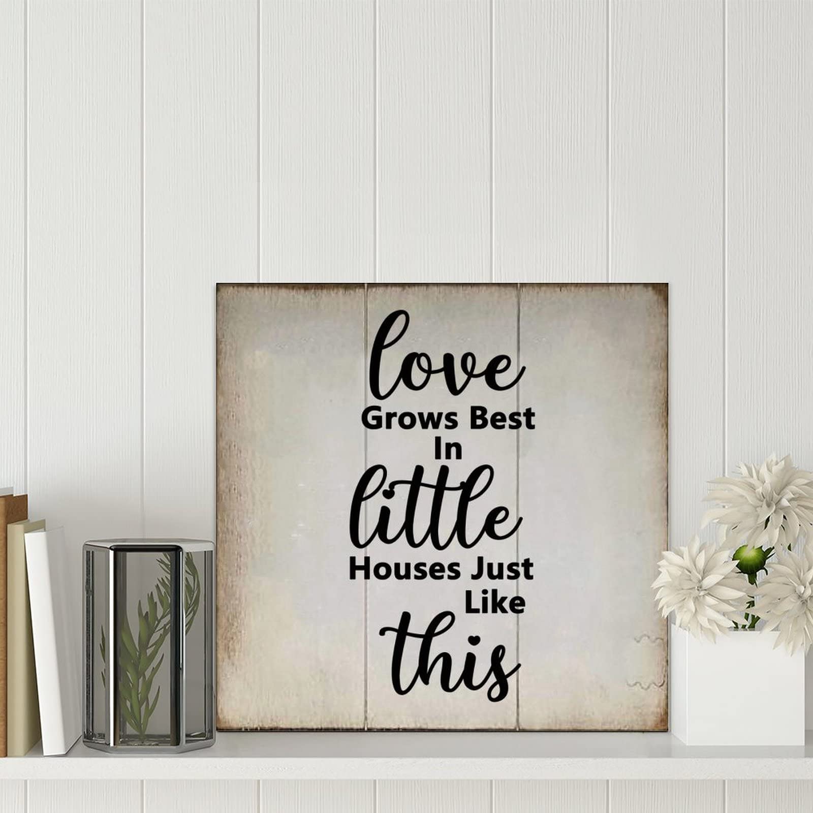 Targa In Legno Rustico 'Love Grows Best In Little Houses' - Decorazione Da Parete 15x45 Cm Con Cornice, Fatta A Mano In Indiana