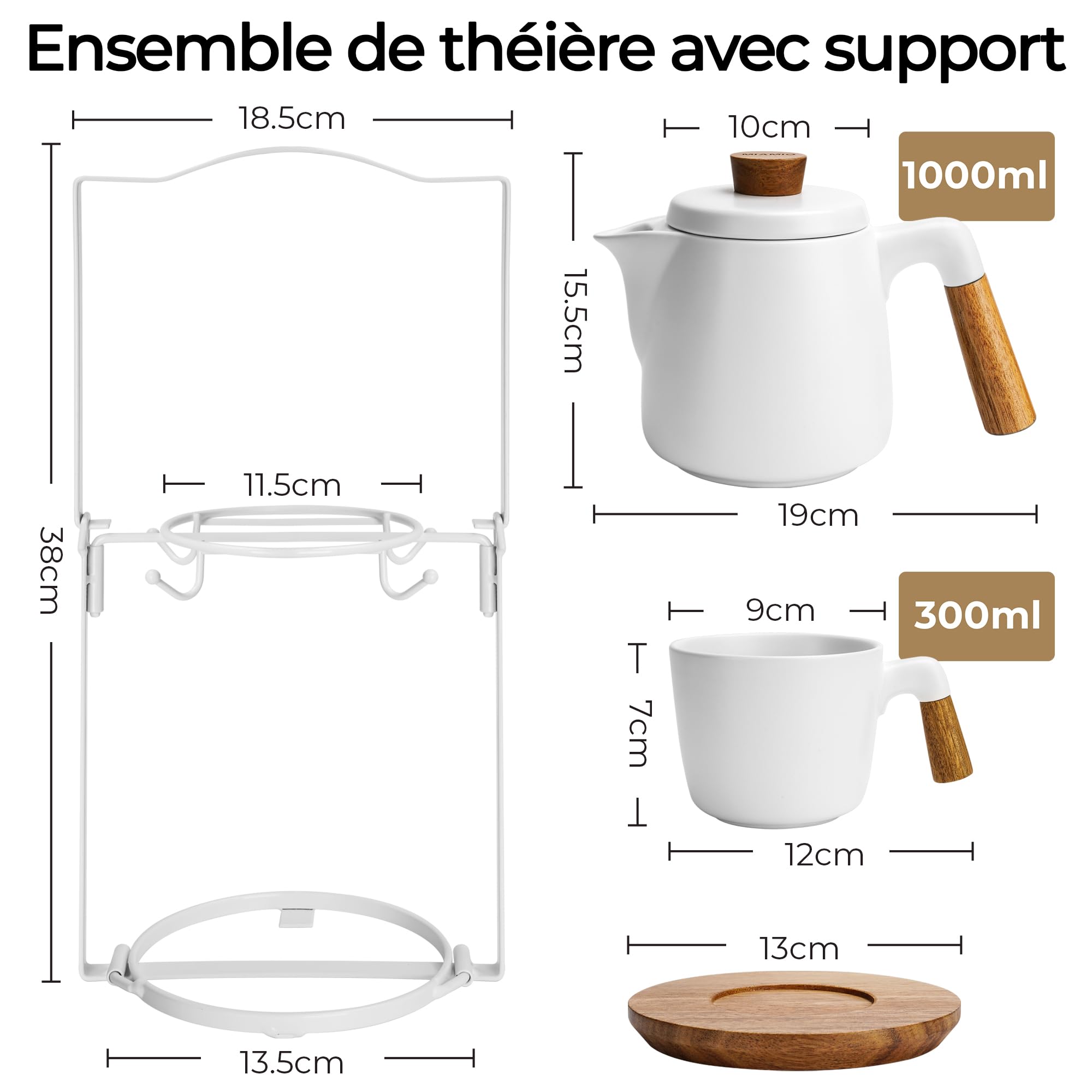 MIAMIO - Théière en céramique de 1000 ml avec infuseur et tasses/passoire à thé, support, 4 tasses à thé en céramique (300 ml), soucoupes en bambou/poignée pour la maison et le bureau (Blanc)