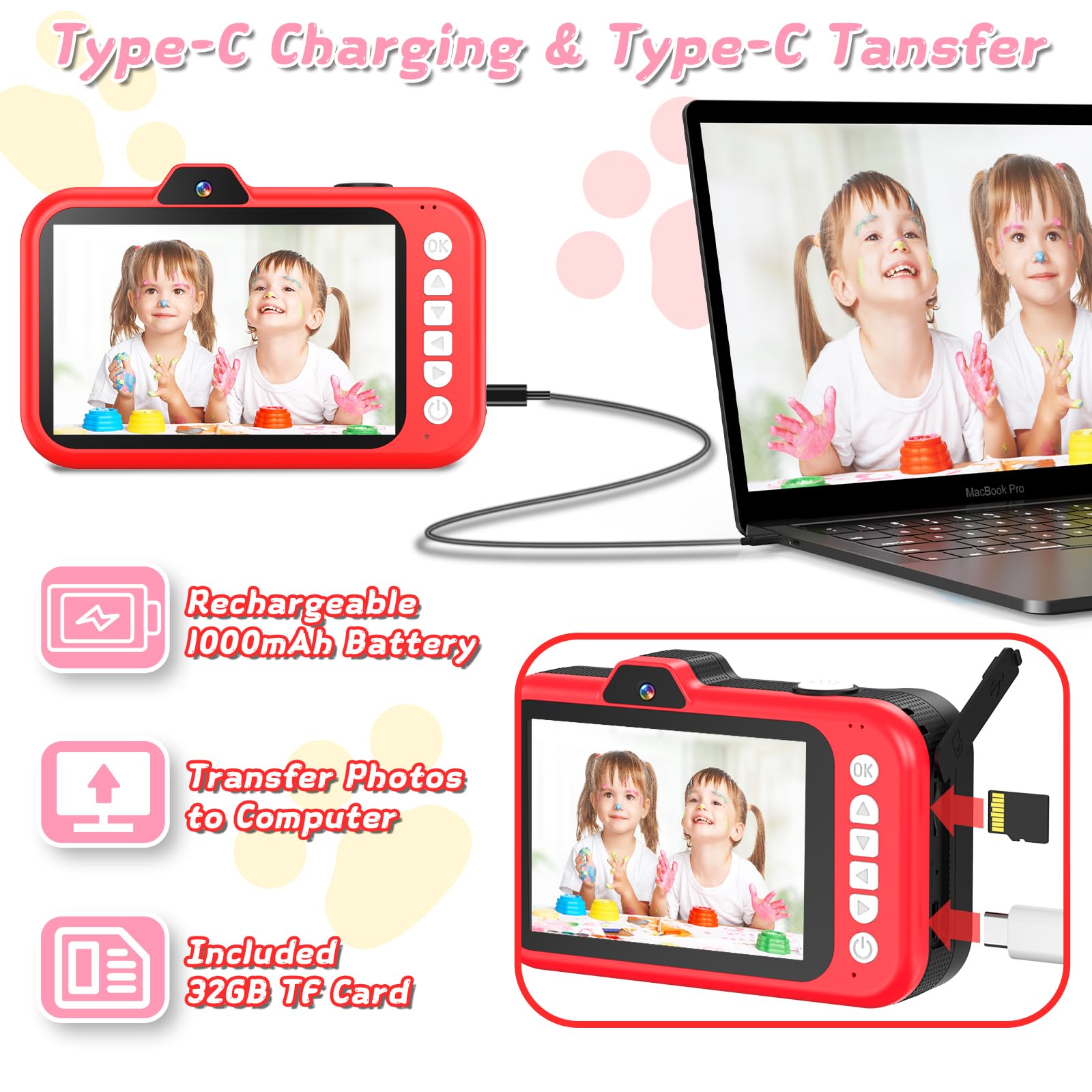 Cámara para niños, cámara digital para niños pequeños con lente de zoom giratorio, pantalla grande de 3.5 pulgadas, cámara de juguete 1080P para niños con flash, tarjeta de 32 GB, regalos de 9