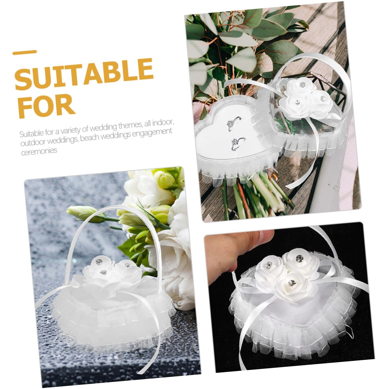 ifundom 8 STK Ringkissen Aus Spitze Aufbewahrungsbox Für Ringe Herzringträger Ringkissen Aus Strass Für Die Brautparty Bowknot- Ringhalter Satin- Weiß Herzförmig