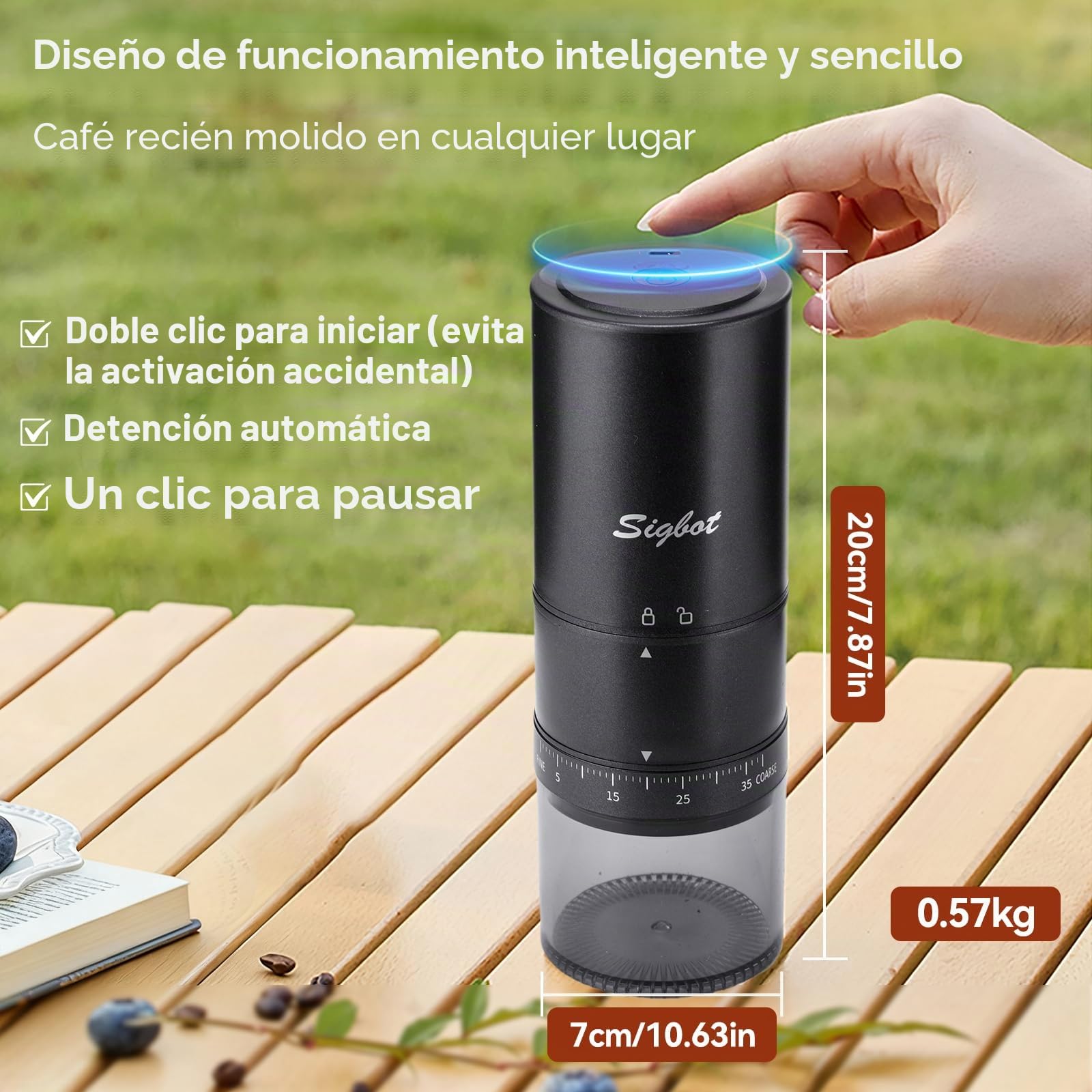 Sigbot Molinillo Cafe Electrico Portatil– 38 Ajustes Molinillo Acero Inox 420 Carga TYPE-C (40 Tazas) para Espresso y Filtro – Fácil Limpiar Ideal para Acampadas Viajes Hogar Oficina