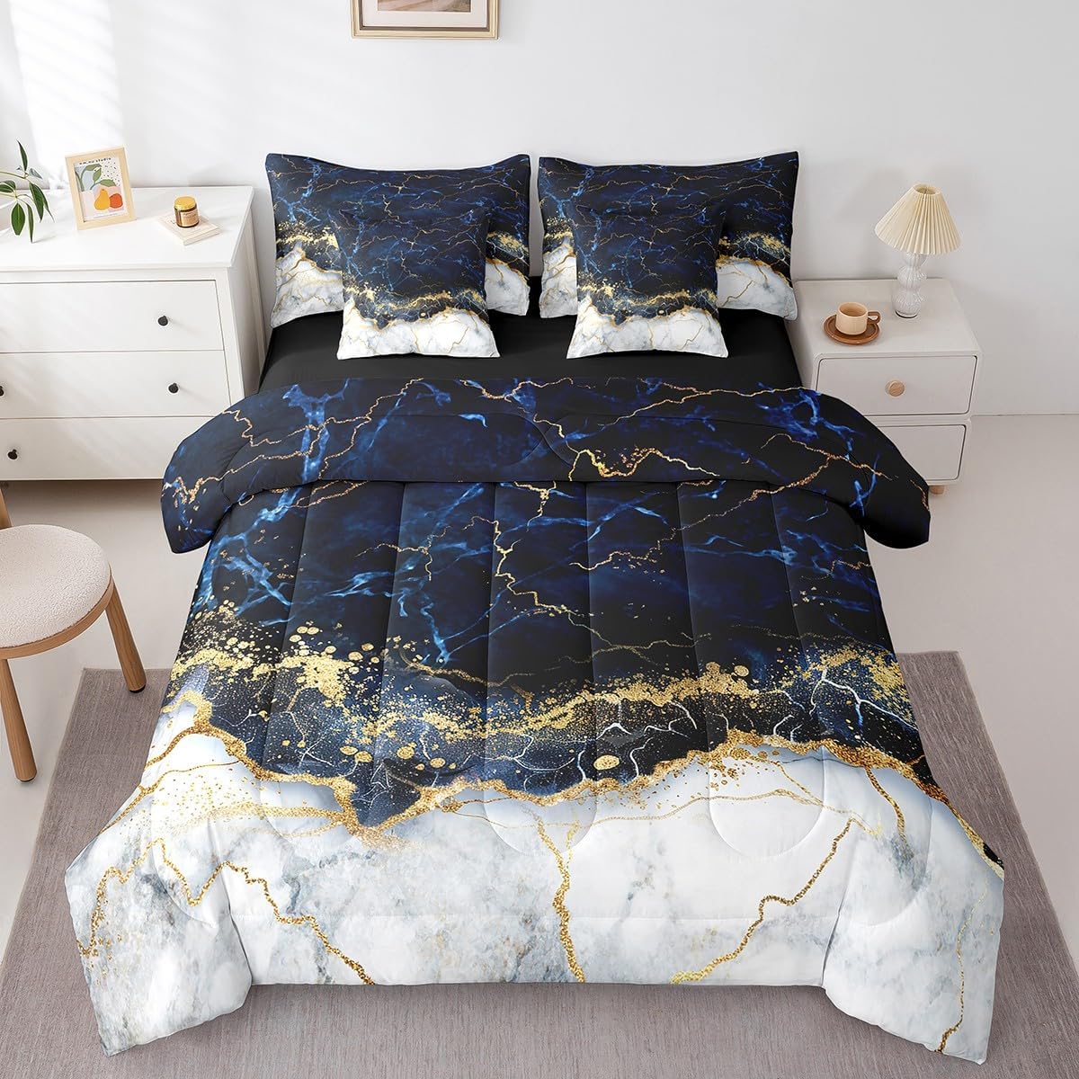 Erosebridal Navy Marble Comforter Set Queen 7 Piece Gold Bronzing Sequins Bedding Set Blue Stone Marble Bed in A Bag with Sheets Pillow Covers Tie Dye Abstract Fluid Art Hippie Bed Set