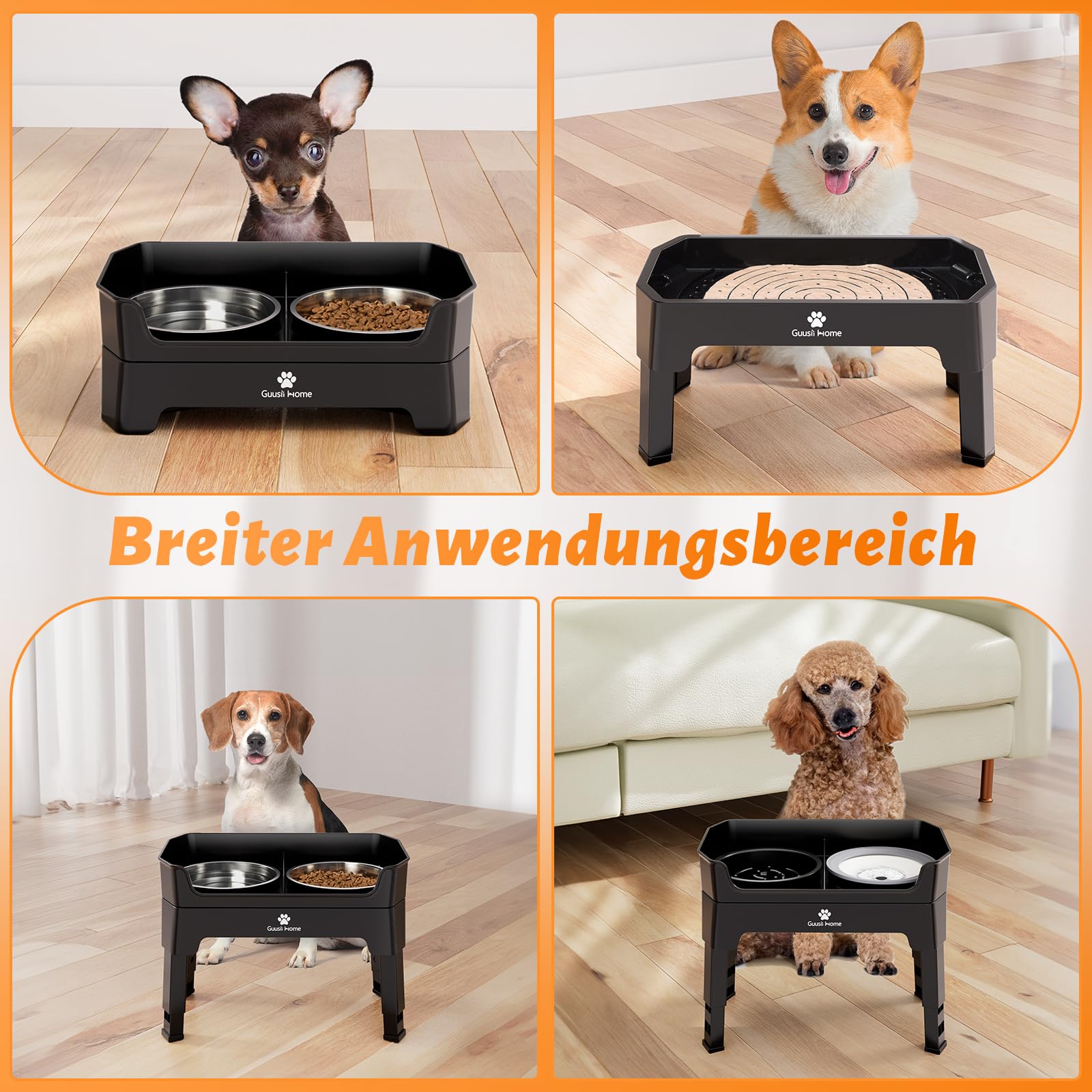 GUUSII HOME Hundenapf Erhöht Grosse Hunde Erhöhter Futternapf Fressnapf Napf Groß Hund Futterbar Hundebar Napfset mit Ständer Hundenäpfe Futterstation Mittlere Doppelnapf 43.5 * 26.7 * 36.7cm 1600ml
