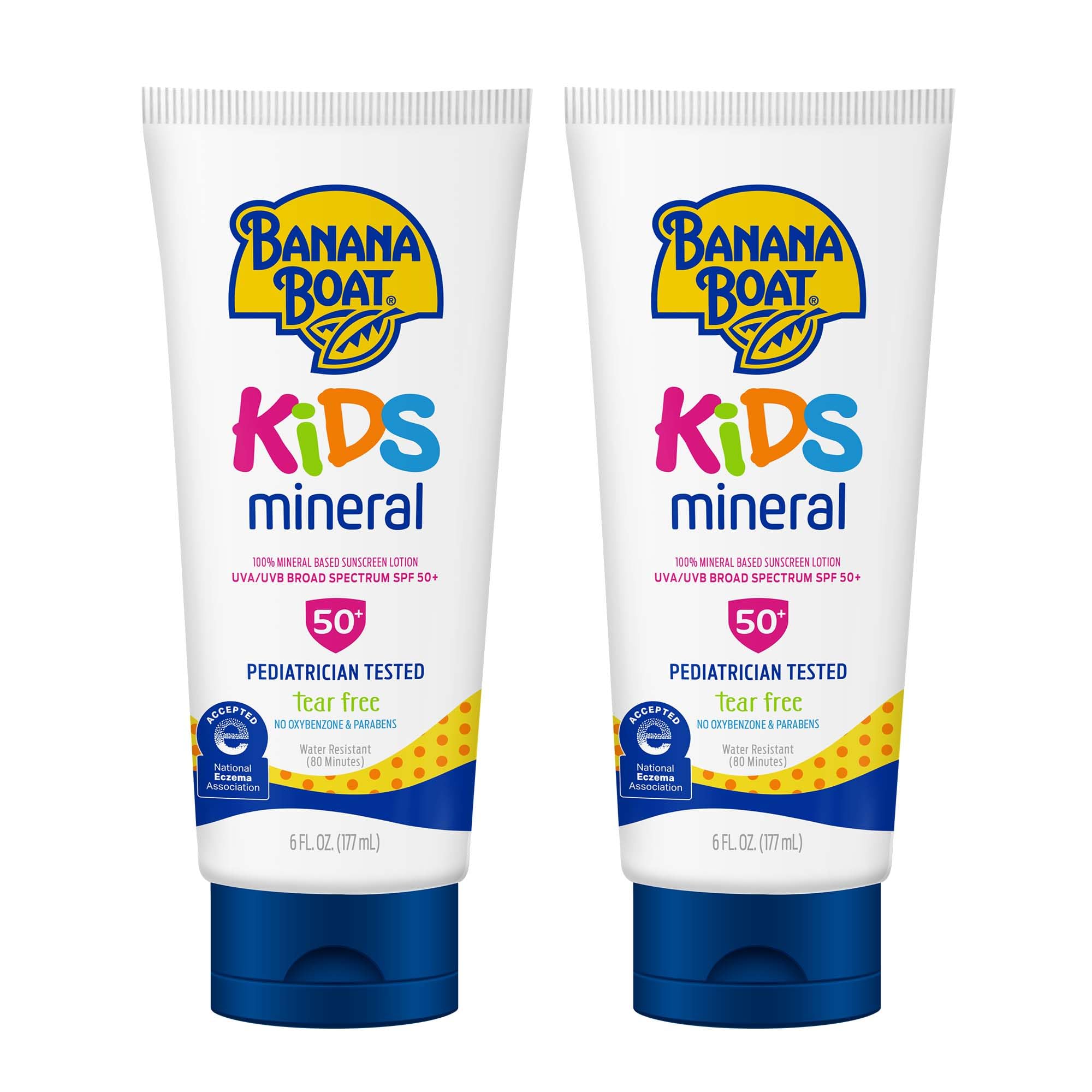 Banana Boat Mineral Kids Sunscreen Lotion SPF 50, Twin Pack | Banana Boat Mineral Sunscreen for Kids, Childrens Sunblock SPF 50, Oxybenzone Free, 6 Fl Oz each (Pack of 2)