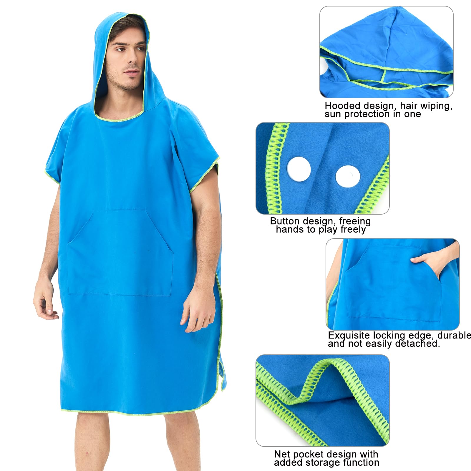 Poncho de Surf, 110 x 90 cm, Toalla de Poncho Adultos Microfibra con Capucha Bolsillo, Poncho Playa para Cambiar Mujer Hombre, Albornoz Natacion para Deporte Acuático Baño, Secado Rápido (Azul)