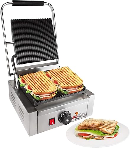 ALDKitchen Panini - Parrilla de prensa sándwich Construcción duradera de acero inoxidable 110 V (acanalada 9 x 9 pulgadas)