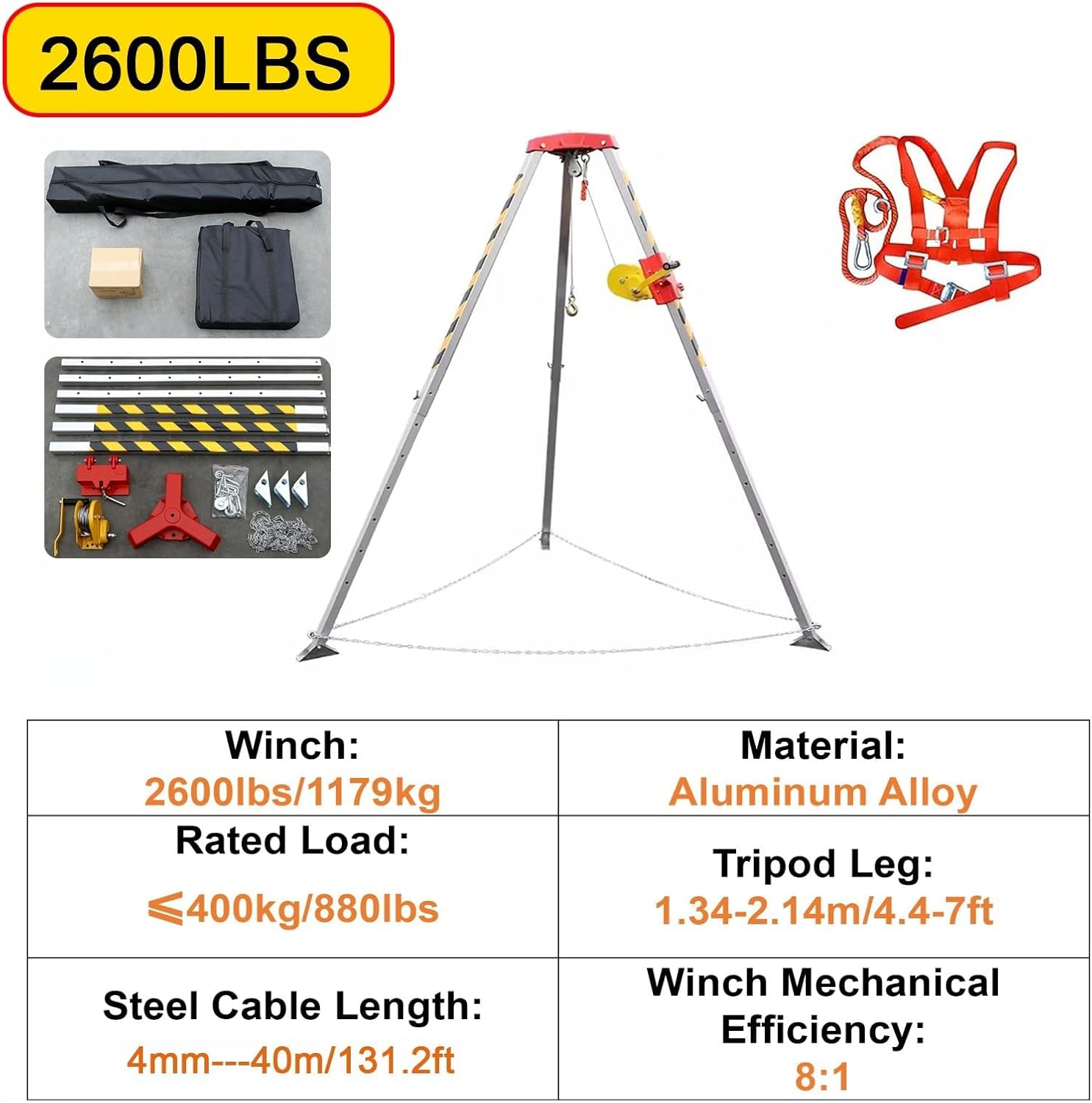 Fall Arrest Kits, Road Rescue Confined Space Tripod Kit, High Places/Cliffs/Deep Well Rescue Safety Guards Device Aluminum, 4 4 FT - 7 FT Adjustable Legs, with 1200 Lbs / 1800 Lbs / 2600 Win