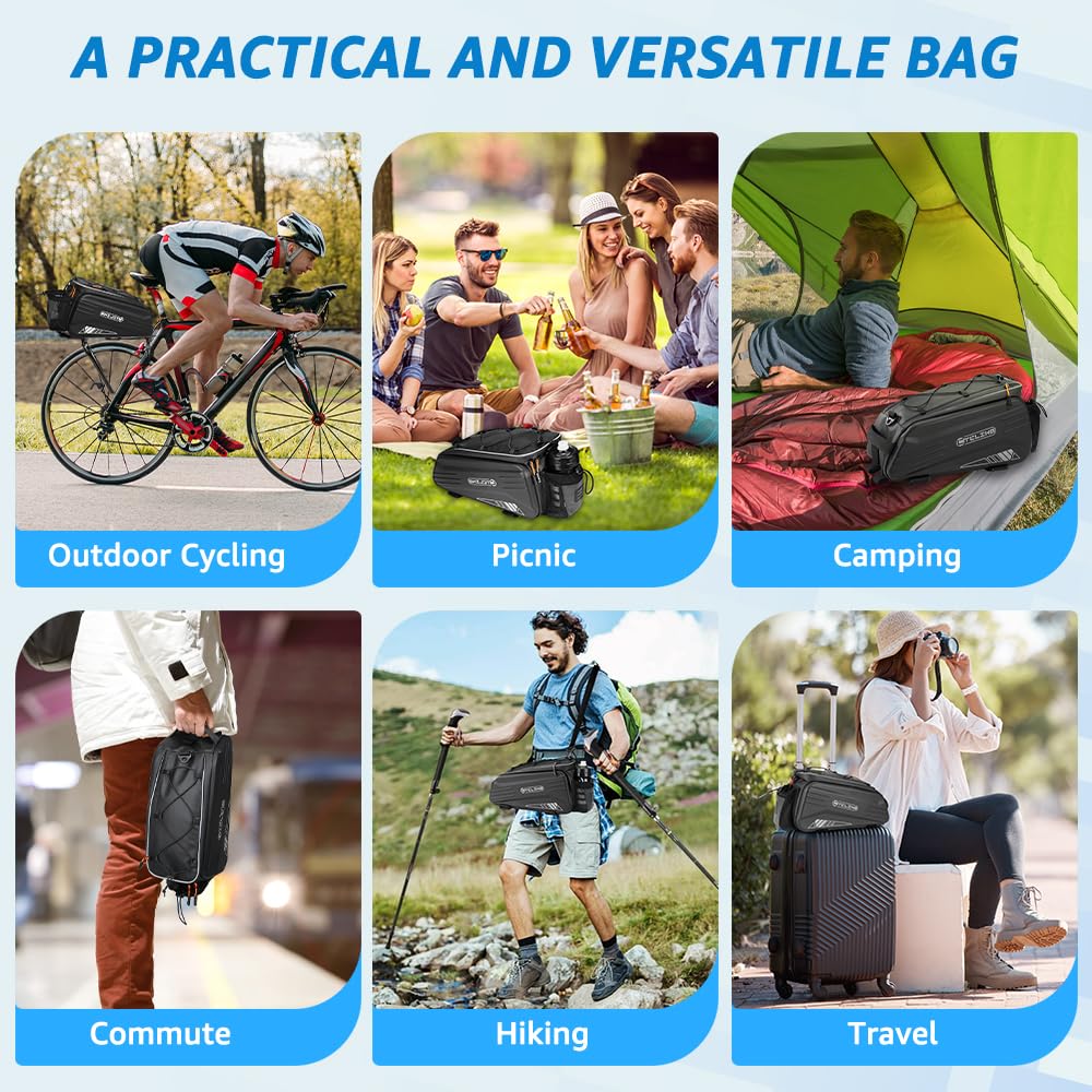 WOTOW Borsa portabici per bicicletta, borsa portapacchi posteriore per bici rigida da 8,6 litri con strisce riflettenti, maniglia e tracolla, borsa portabici resistente all'acqua per viaggi