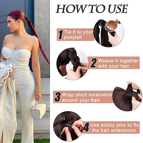 Miniatura 4 de CHARSUN Extensiones de cabello sintético natural suave y natural para mujer, cola de caballo trenzada de 32 pulgadas de largo, para uso diario (rojo