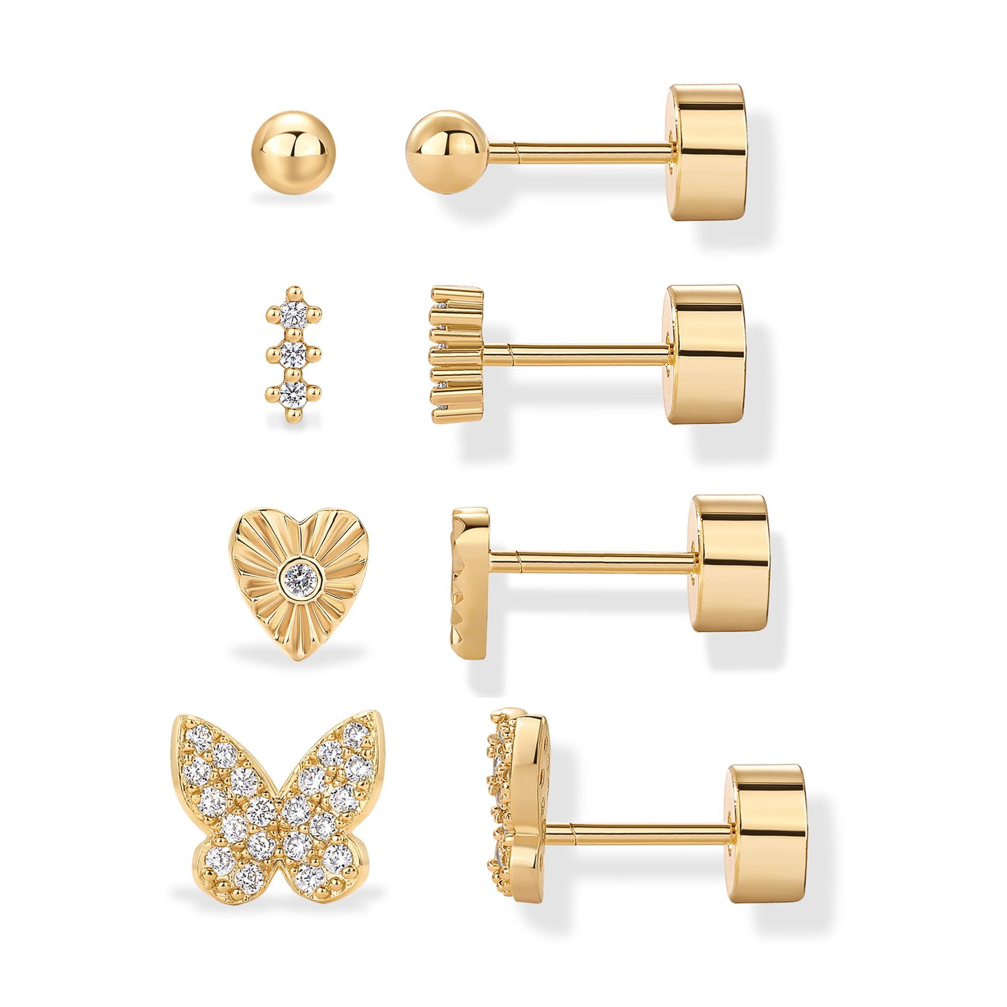 PAVOI 14K Gold Plated Dainty Flat Back Earrings for Women, Piercing Studs