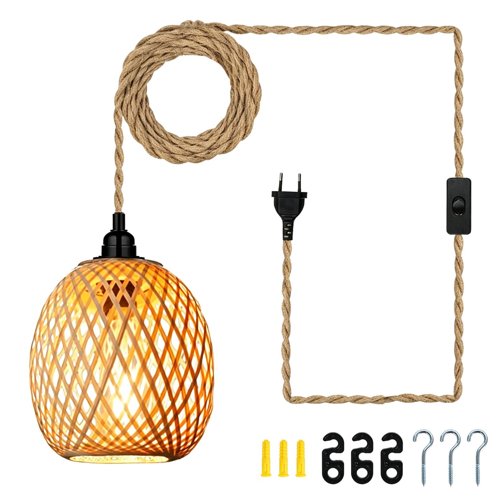 Colexy Lampadario a Sospensione in Bambù e Rattan con Cavo 4,5m e Spina, E27 Lampada Vimini Intrecciato a Mano, Luce Vintage Naturale per Camera da Letto, Cucina, Soggiorno (Senza Lampadina)