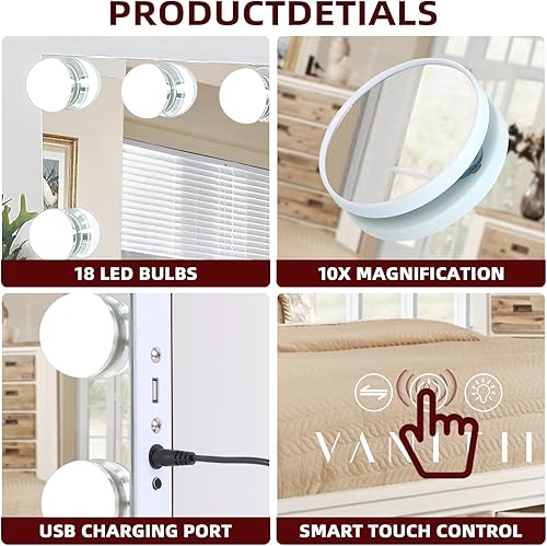 Miniatura 3 de VANITII GLOBAL Hollywood Espejo de tocador con luces de 22.8 x 31.5 pulgadas, con carga USB, espejo de maquillaje con 18 bombillas LED regulables, 3