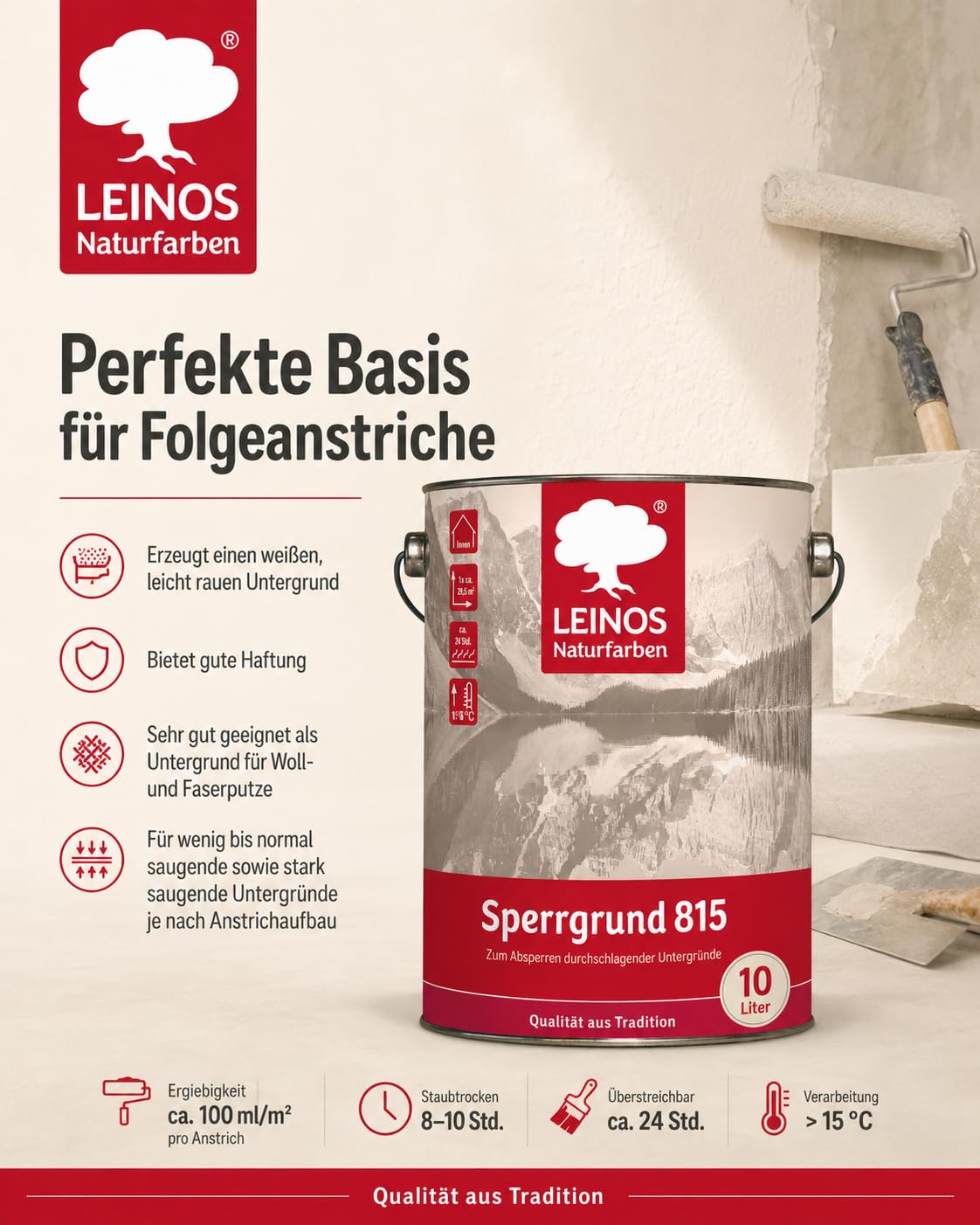 LEINOS 815 Sperrgrund 10 Liter | Hochdeckend: Erzeugt einen weißen, leicht rauen Untergrund, der für nachfolgende Anstriche gute Haftung bietet