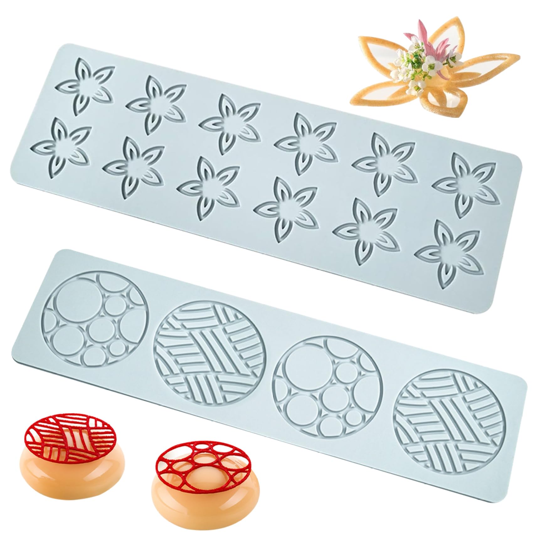Tuille Molds 2Pcs Flower & Geometric Tuile Molds Silicone Lace for Cake Decorating DIY Easy Release Food Grade Baking for Food Dessert, Decor