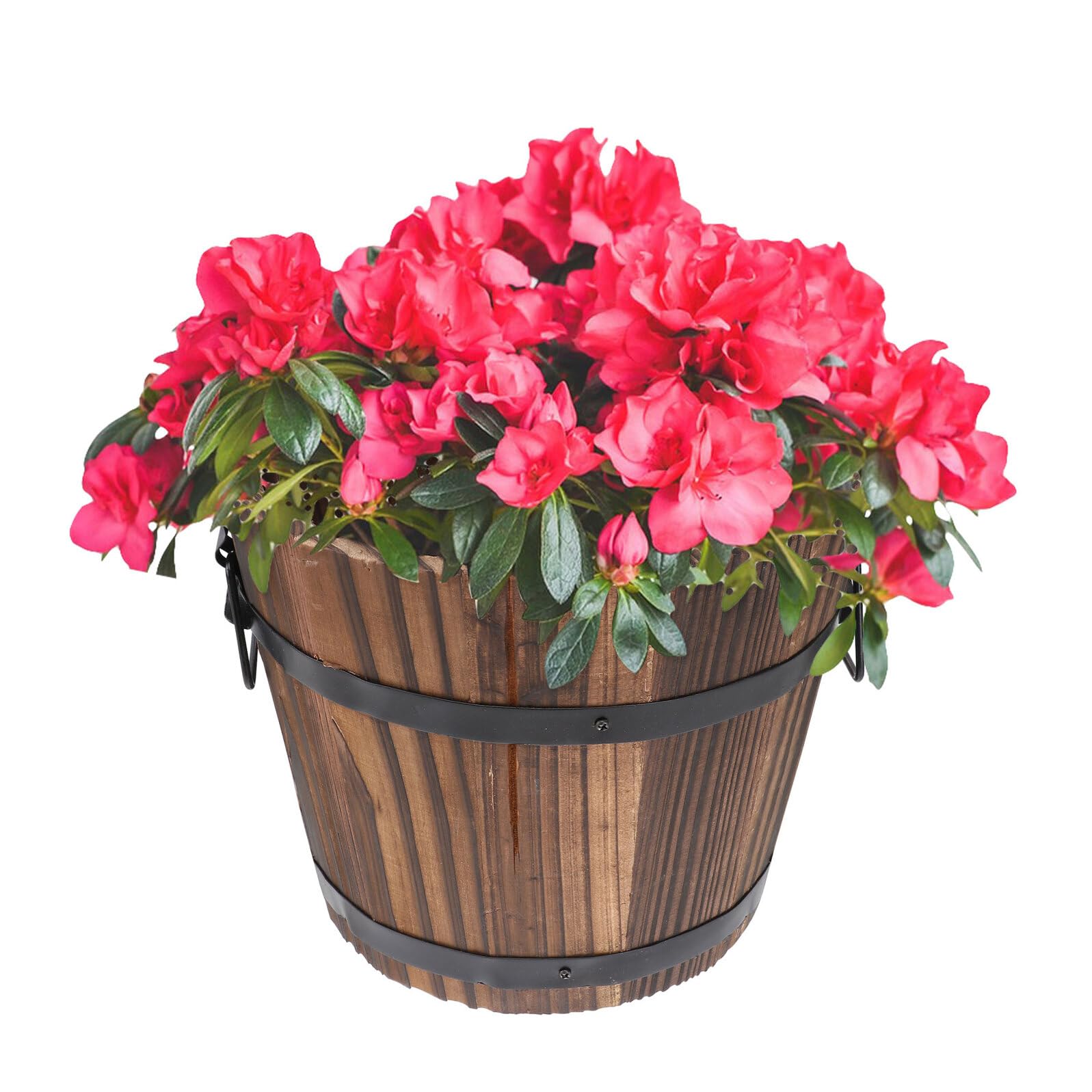 Alasum Wooden round Barrel Planter Flower Pots Garden Rustic Style Brown Carbonized Wood round Barrel Pot with Wear Resistant and Permeable Bottom Hole for Indoor Outdoor Room Decor