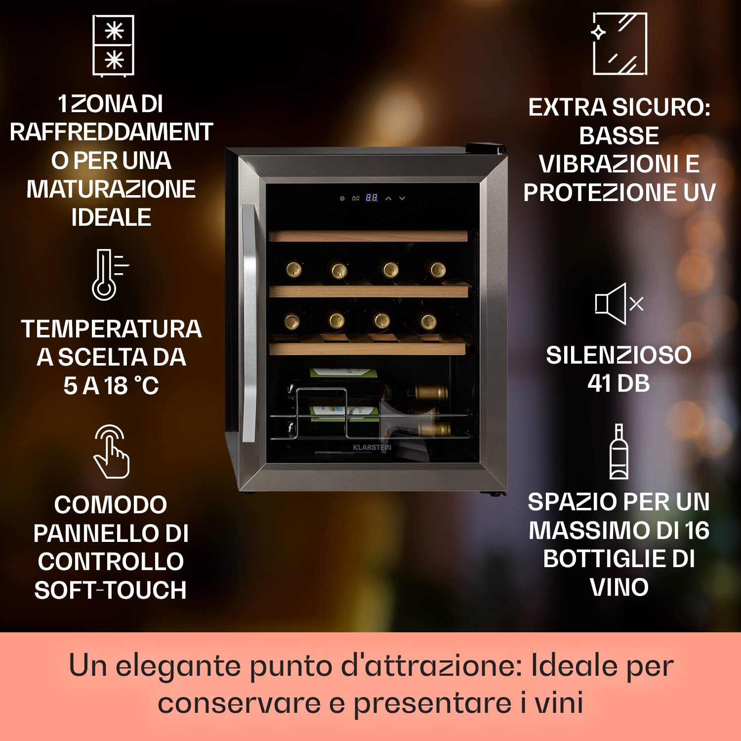 KLARSTEIN Vinamour - Frigorifero per vino Fridge con porta in vetro, con tecnologia Touch Control, 5-18 °C, autoportante, 1 zone, 16Fl./42l