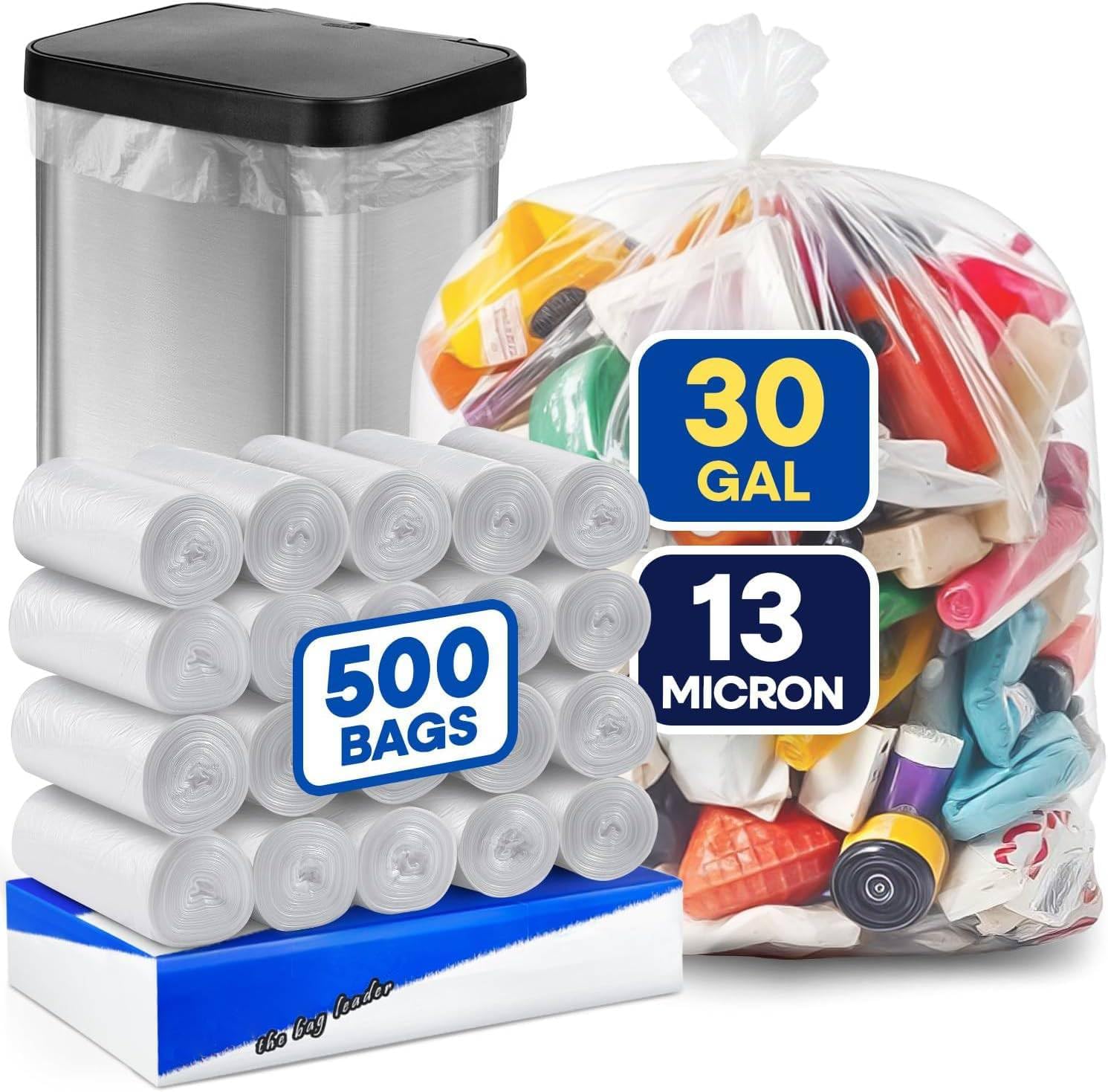 20-30 Gallon Clear Trash Bags, 30"x37", 13 Micron High-Density Garbage Can Liners, Fits Square & Round Bins, Heavy-Duty Recycling Bags for Home, Office, Indoor & Outdoor Use, Pack of 500