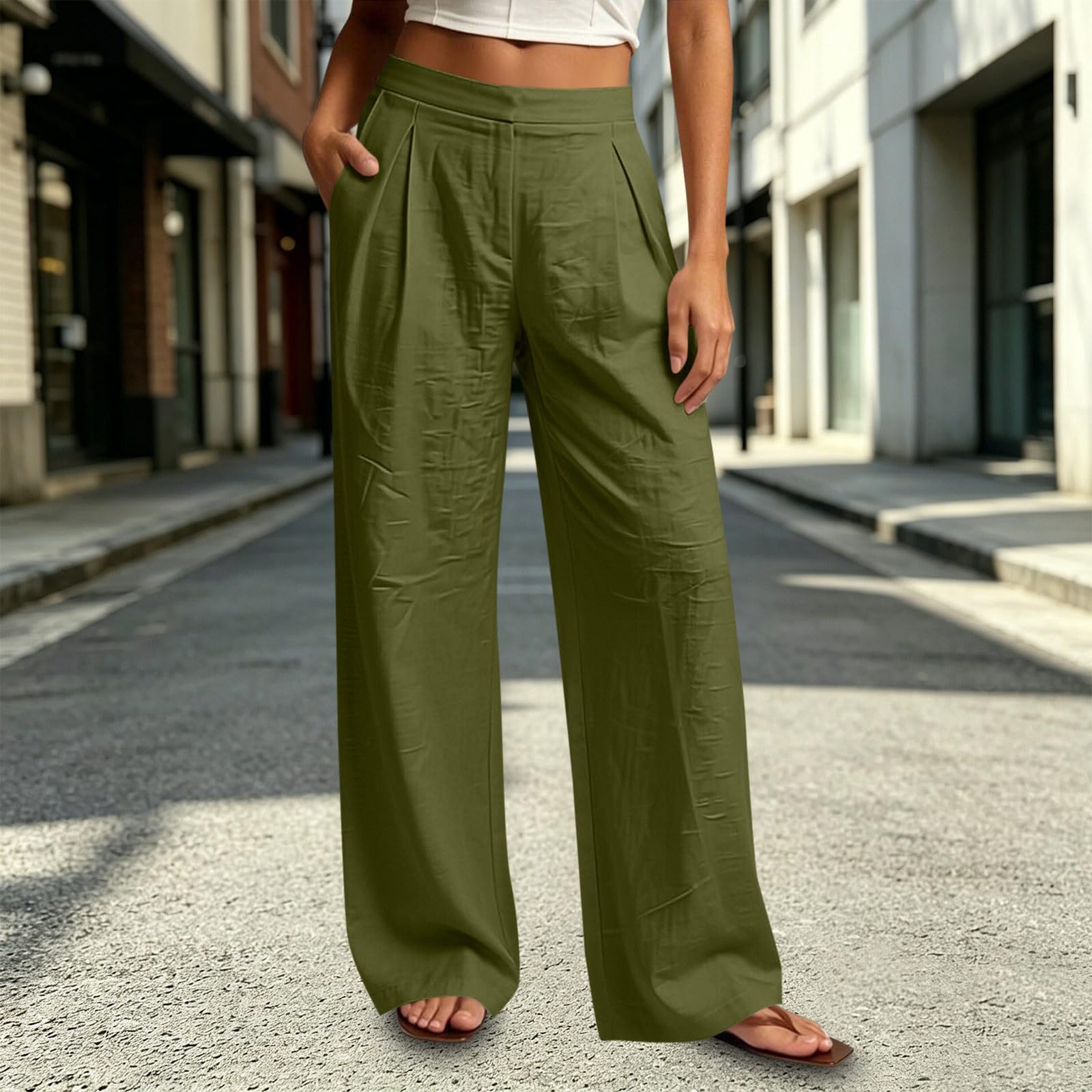 Générique Pantalon Fluide À Taille Haute pour Femme avec Poches Et Fermeture - Pantalons Large Style Athleisure, Coupe Droite, Idéal comme Pantalon Décontracté pour Les Sorties D'Été
