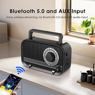 AM FM Portable Radio Plug in Wall or Battery Operated Radio with Best Reception,Bluetooth,Headphone Jack,Large Dial Easy to Use for Seniors Elderly Black