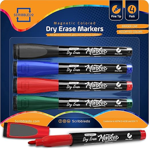Scribbledo 4 Magnetic Dry Erase Markers Fine Tip Assorted Classic Colors Low Odor Whiteboard Markers with Eraser Cap Thin Skinny White Board Markers for Adults Students Teachers Art Home & School