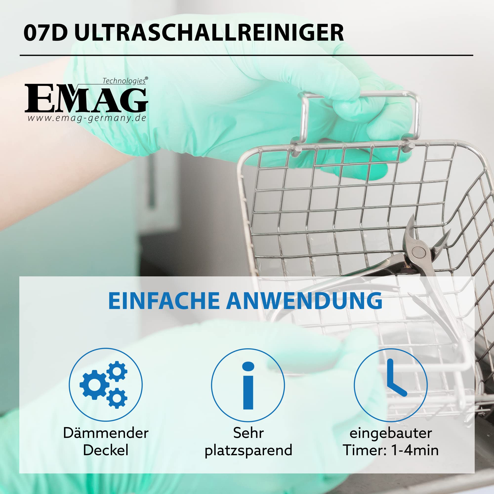 EMAG Ultraschallreiniger Emmi 07D Edelstahl I Brillenreinigungsgerät auch Schmuck & Uhren + Timer I Ultraschallreinigungsgerät aus Deutschland I 500ml