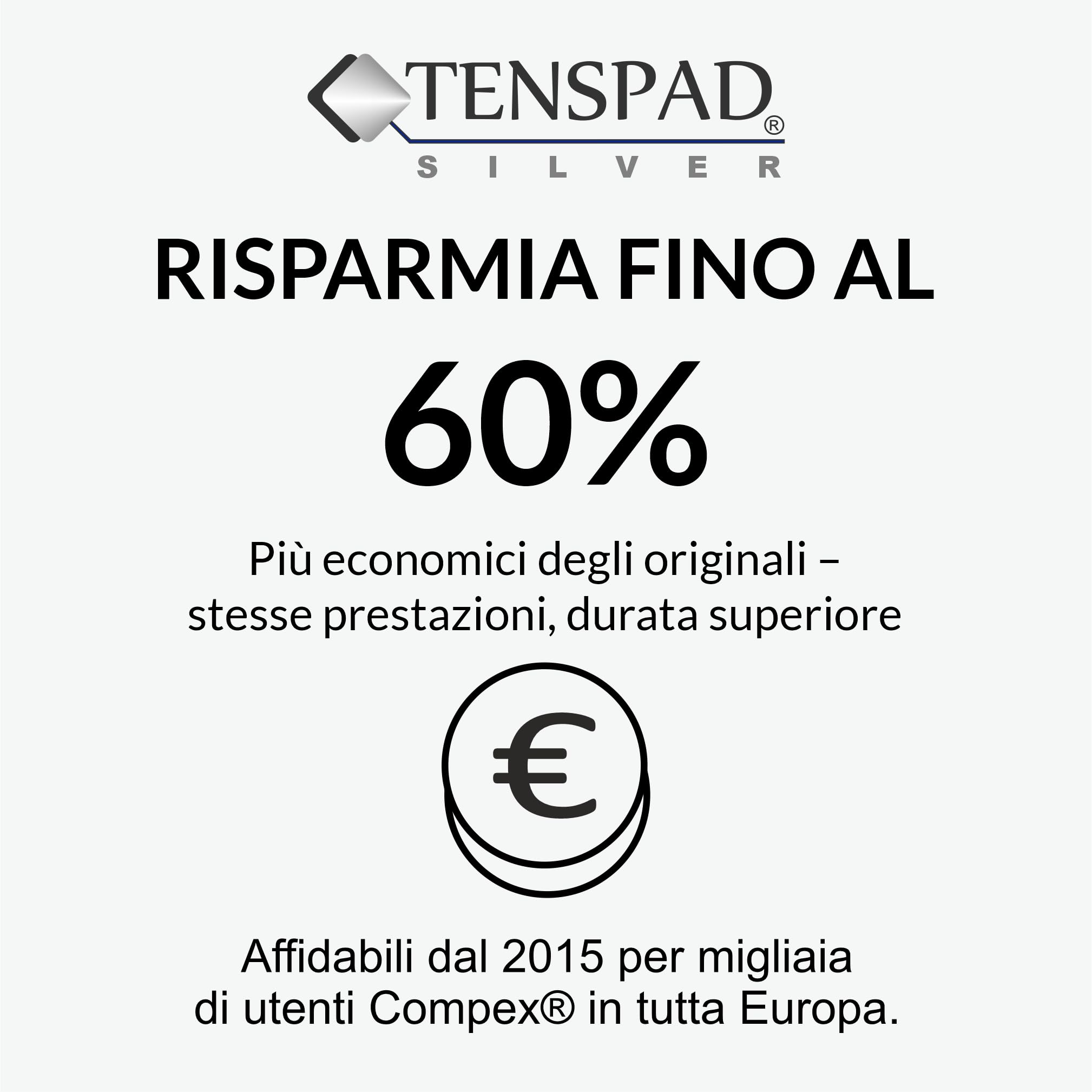 8 elettrodi con 1 SNAP, 50 x 50 mm, e 4 elettrodi con 1 SNAP, 50 x 100 mm, compatibili con Compex, con motivo in argento sulla superficie conduttrice