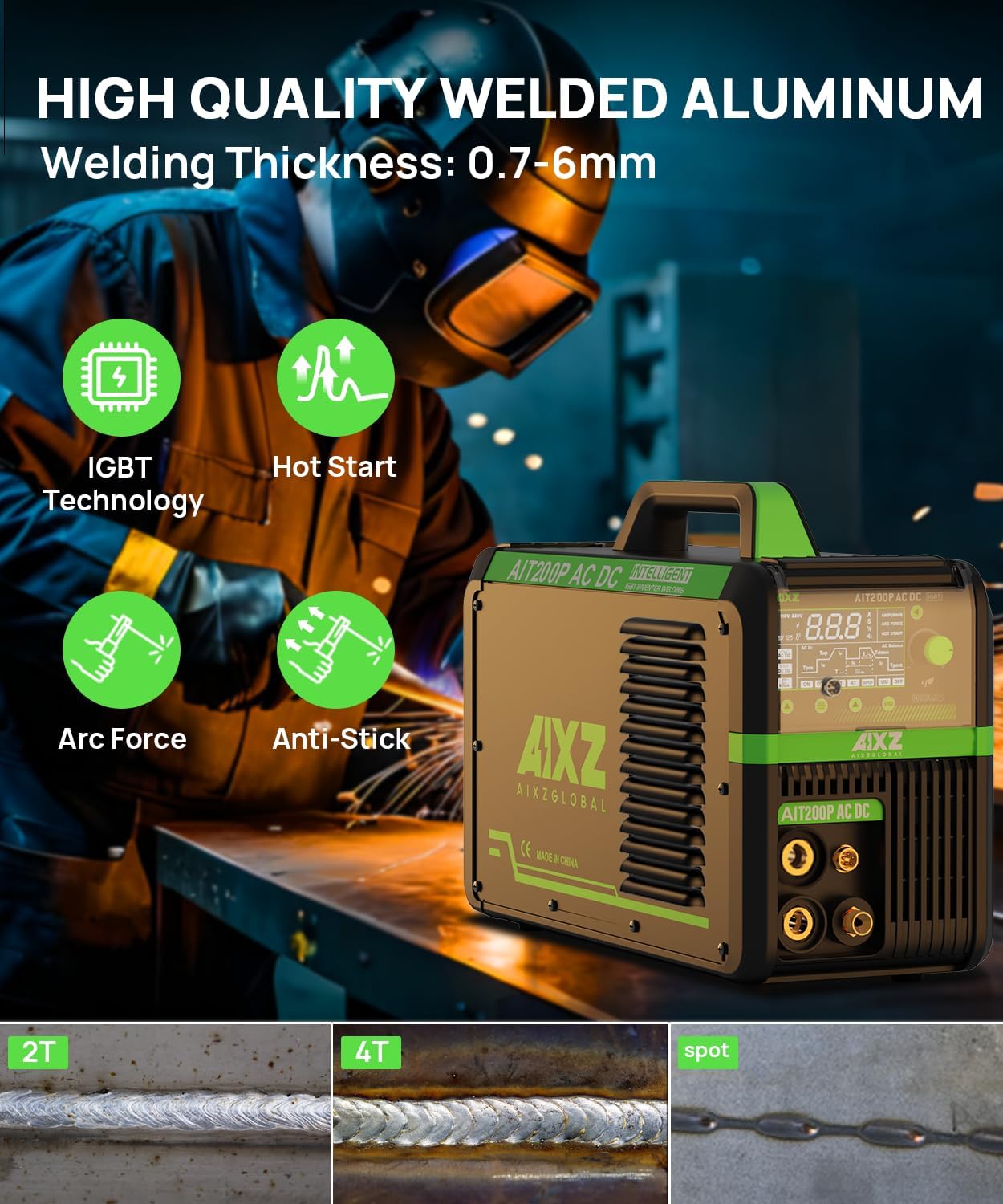A welder working on metal, with icons for IGBT Technology, Hot Start, Arc Force, and Anti-Stick, and examples of 2T, 4T, and Spot welds.