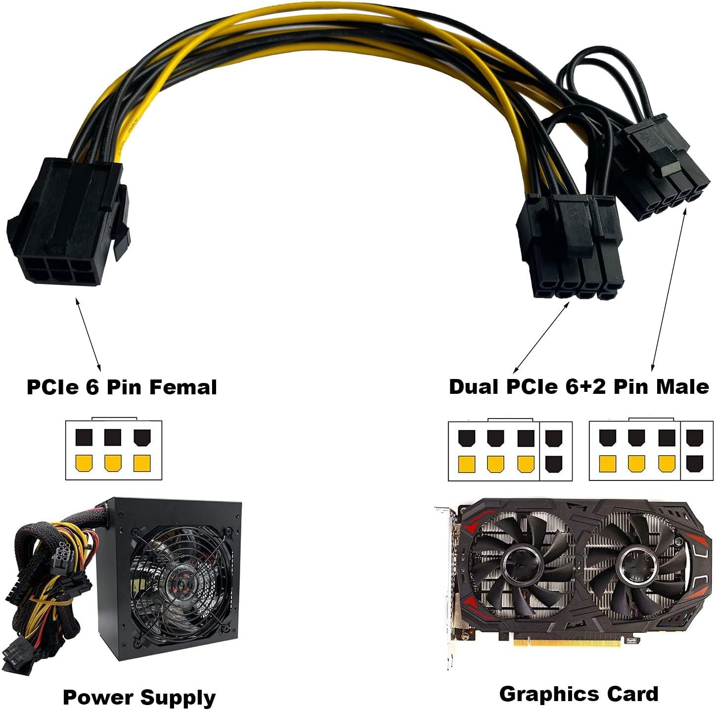 Cheap Amangny 6 Pin to 2 X 8 Pin (6+2) PCIe Adapter Power Cable PCI Express Y - Splitter Cable 9 Inches (6 Pack)
