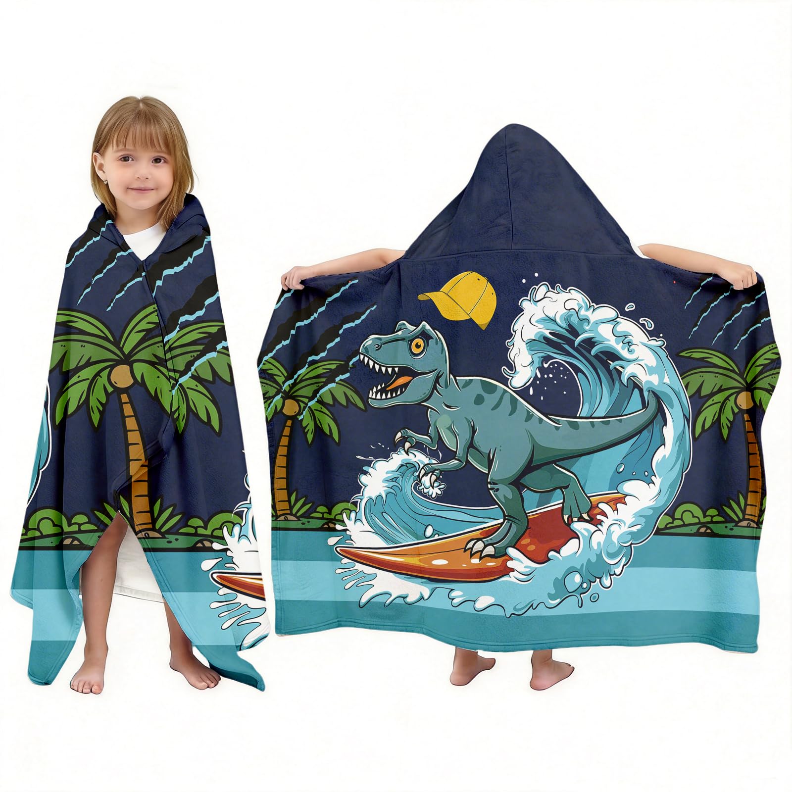 NEIUJADK Kids Surfing Dinosaur Hooded Bath Towel for Boys Girls 3-10, 30"x50" Soft Absorbent Cotton Wearable Poncho Beach Towel with Hood & Snap Buttons