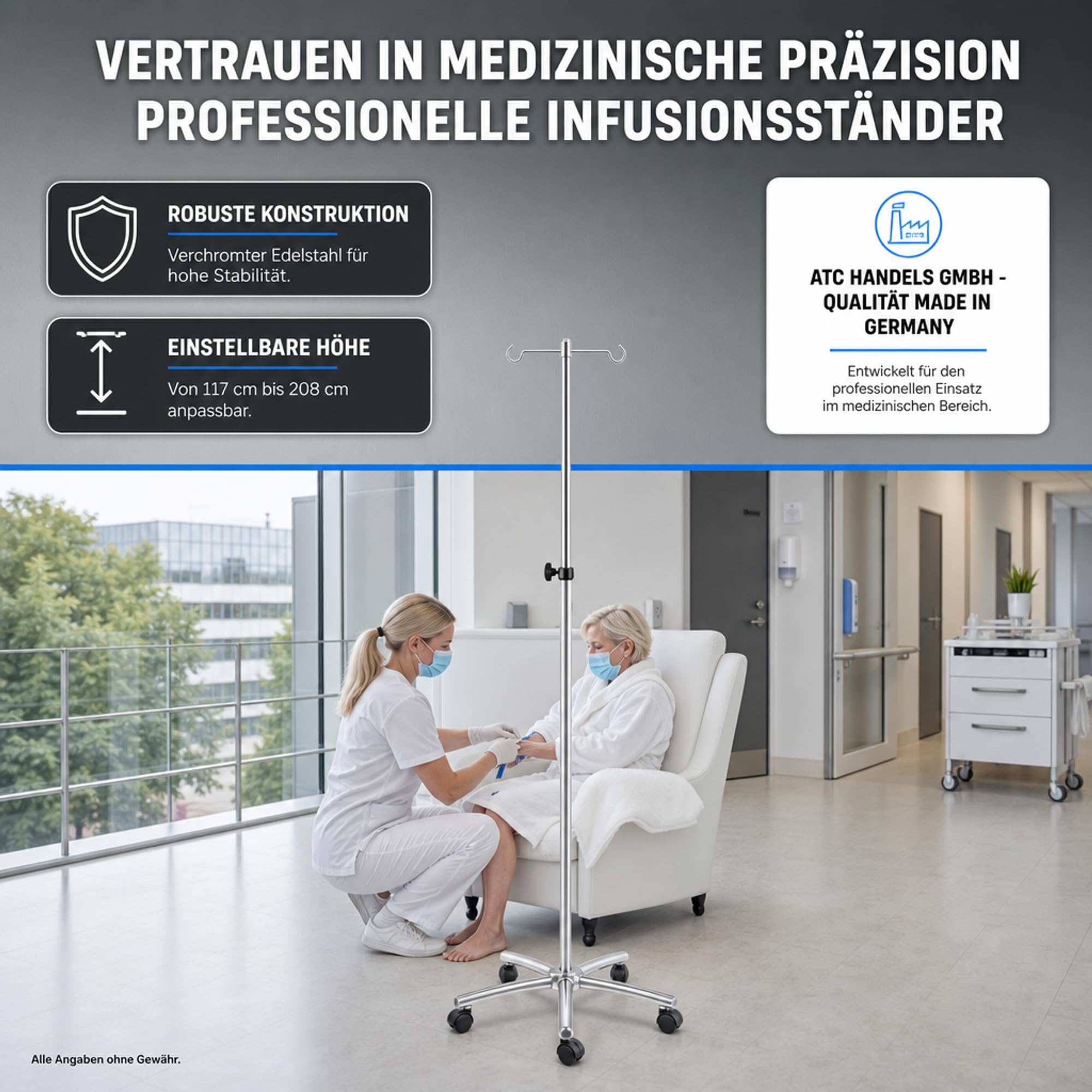 ATC Handels GmbH Infusionsständer verchromt mit 4 Haken und Kunststoff-Fußteil – höhenverstellbar & stabile Rollen