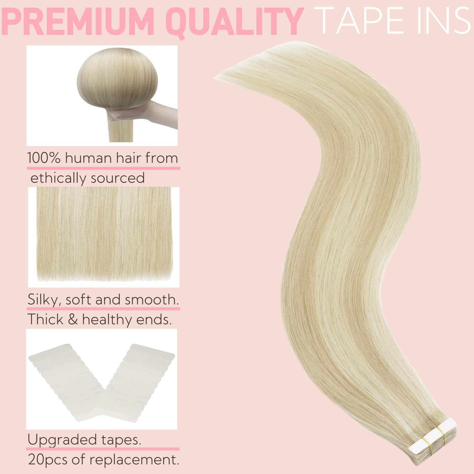 FUOTONBUTY Extension Capelli Veri Biadesivo Doppia Cucitura, Extension Biadesive Capelli Veri, Capelli Umani Lisci 20pcs