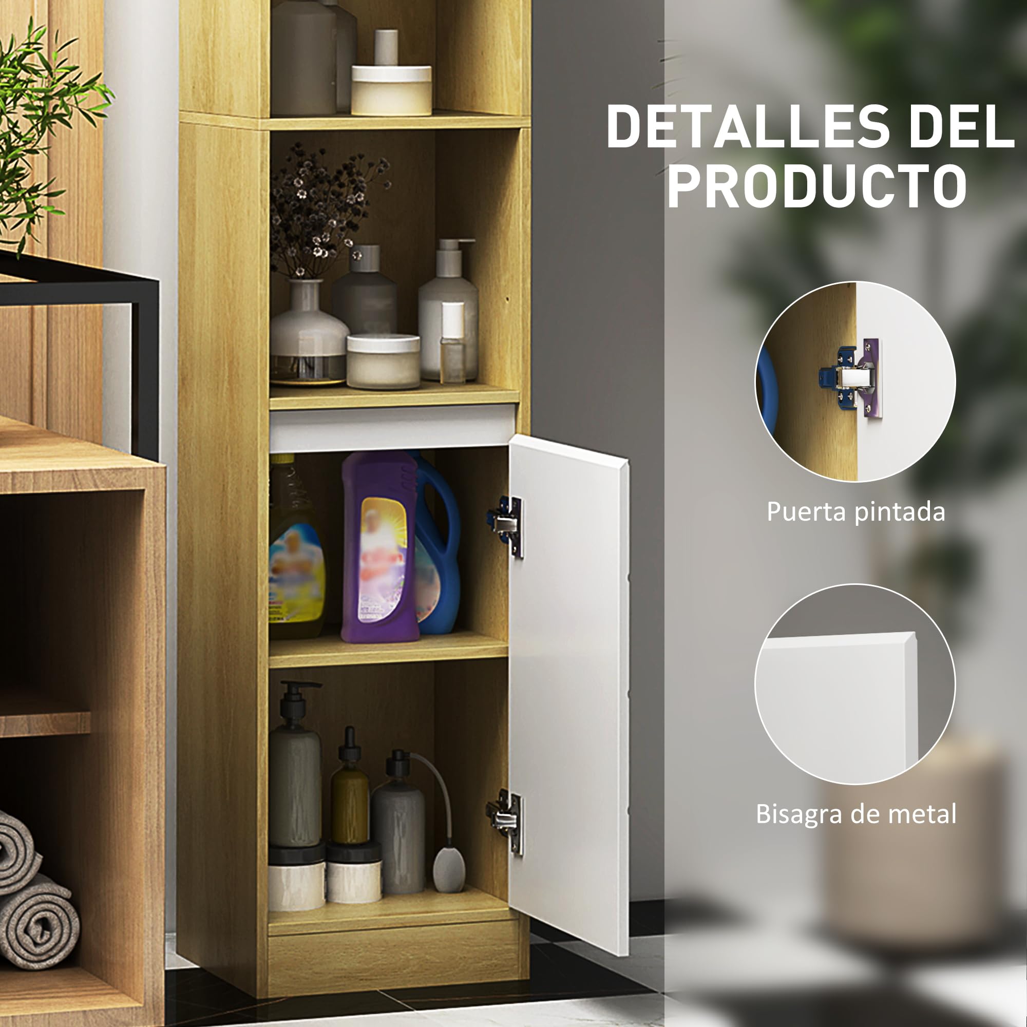 HOMCOM Armario de Baño Alto, Columna de Baño Estrecha con 2 Puertas y 2 Estantes Abiertos, para Espacios Pequeños, 30x24x170 cm, Roble y Blanco