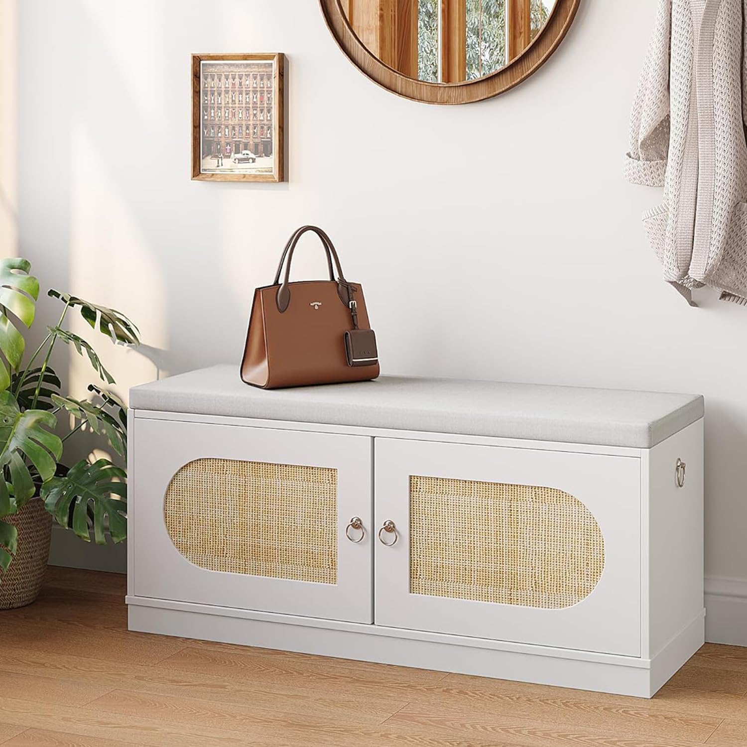 2-Tier Shoe Storage Bench, 100cm Hallway Bench with Cushion, 2 Doors Rattan