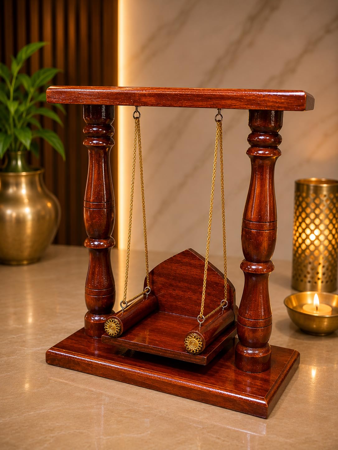 Handcrafted Wooden Gopal Jhula for Laddu Gopal Idol | Traditional Krishna Swing with Golden Chains | Premium Finish Decorative Home Temple Pooja Mandir Accessory-image-28