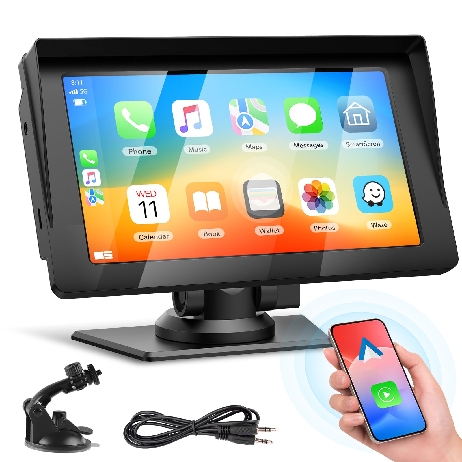 Volam 7 Pulgadas Carplay Inalambrico Pantalla Coche, Car Play y Android Auto Pantalla Táctil para Coche con Radio Bluetooth Navegador Mapa Voice Asistente de Voz FM AUX