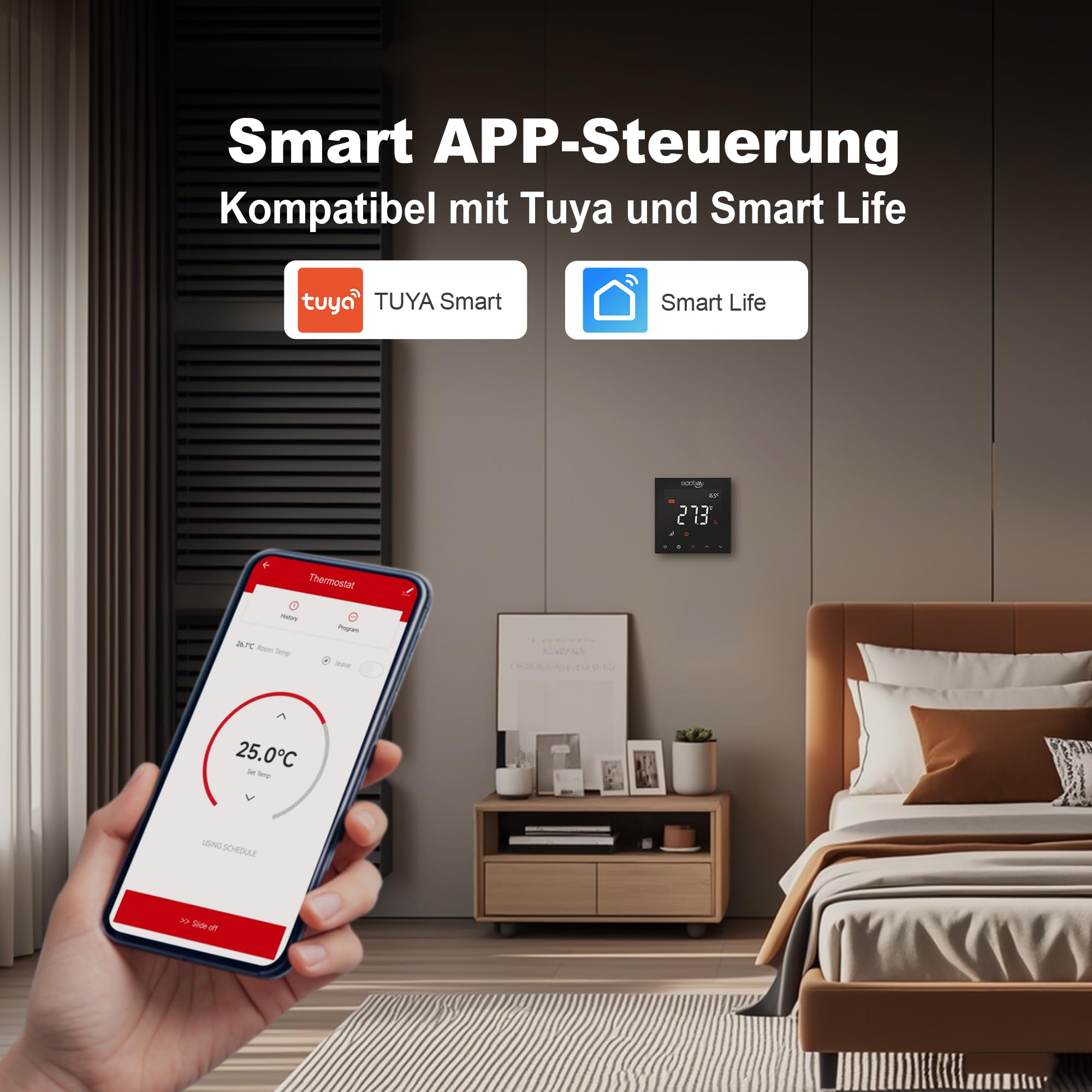 WLAN-Thermostat für elektrische Fußbodenheizung: Kompatibel mit Heizmatten und -kabeln, APP- und Sprachsteuerung (Alexa, Google Assistant), 240 V 16 A, Bodenschutzmodus, mit 100K NTC-Sensor