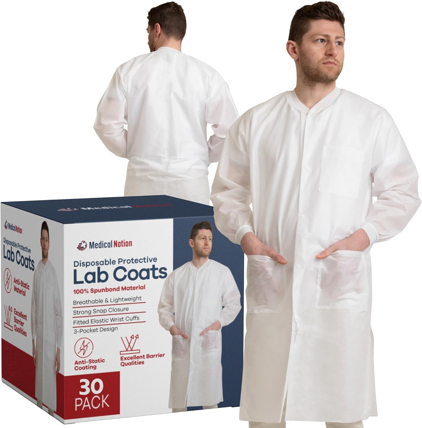 Medical Nation 30 Pack Disposable Lab Coats - White Lab Coat with Pockets, Knee Length, Lab Coat Women and Men | Perfect For Use in Hospitals, Pharmacies, Labs, Clinics, Painting, at Home | 4X-Large