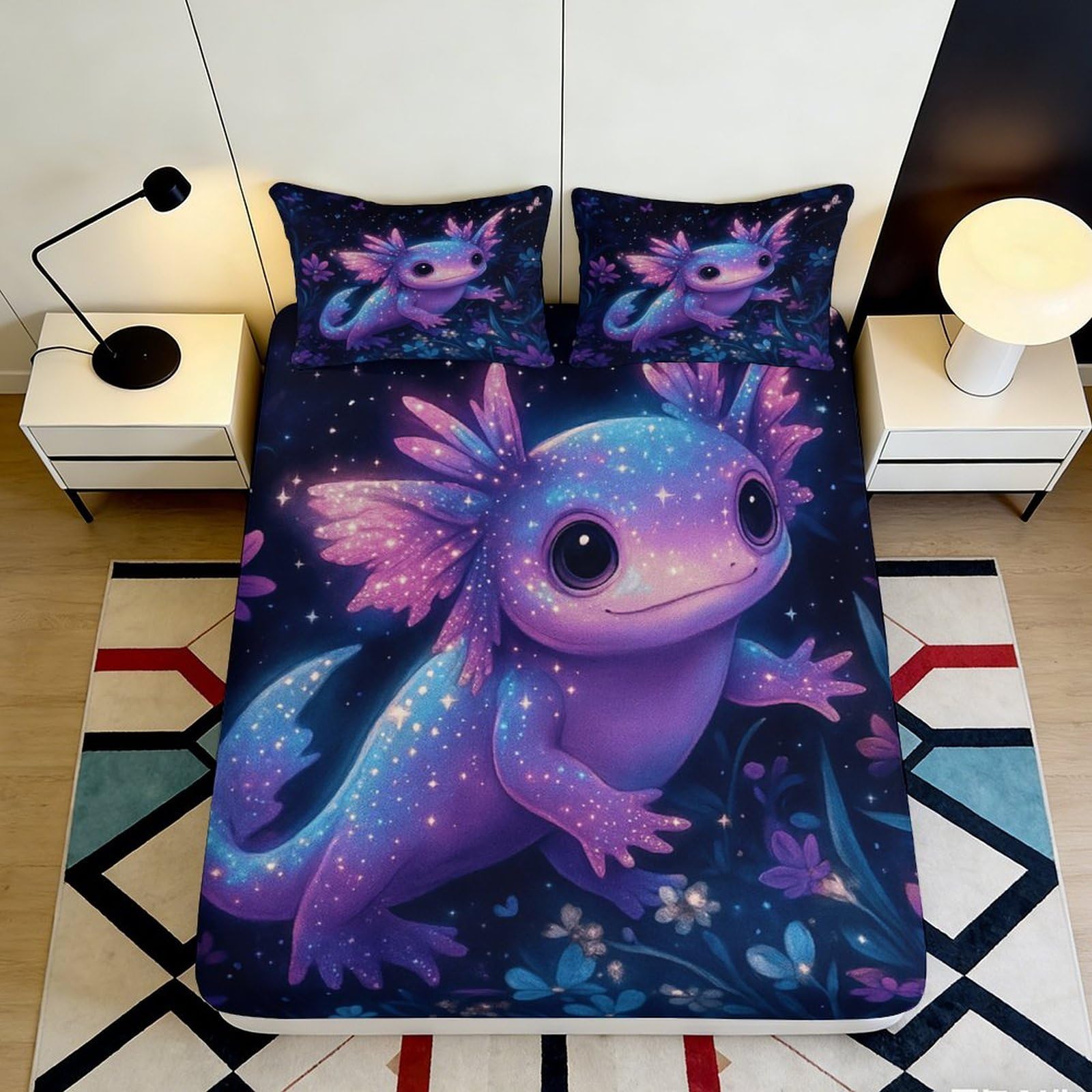 3D Printed Galaxy Axolotl Fitted Sheet Microfiber Soft Anti-Slip Nebula Mattress Cover for Bedroom Dorm Decor 90x200x25cm