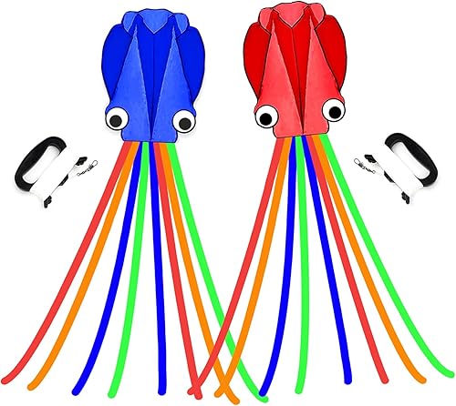 Paquete de 2 cometas de pulpo para niños y adultos, 28 x 158 pulgadas, cometa de playa 3D grande y suave fácil de volar para niños y niñas (rojo y