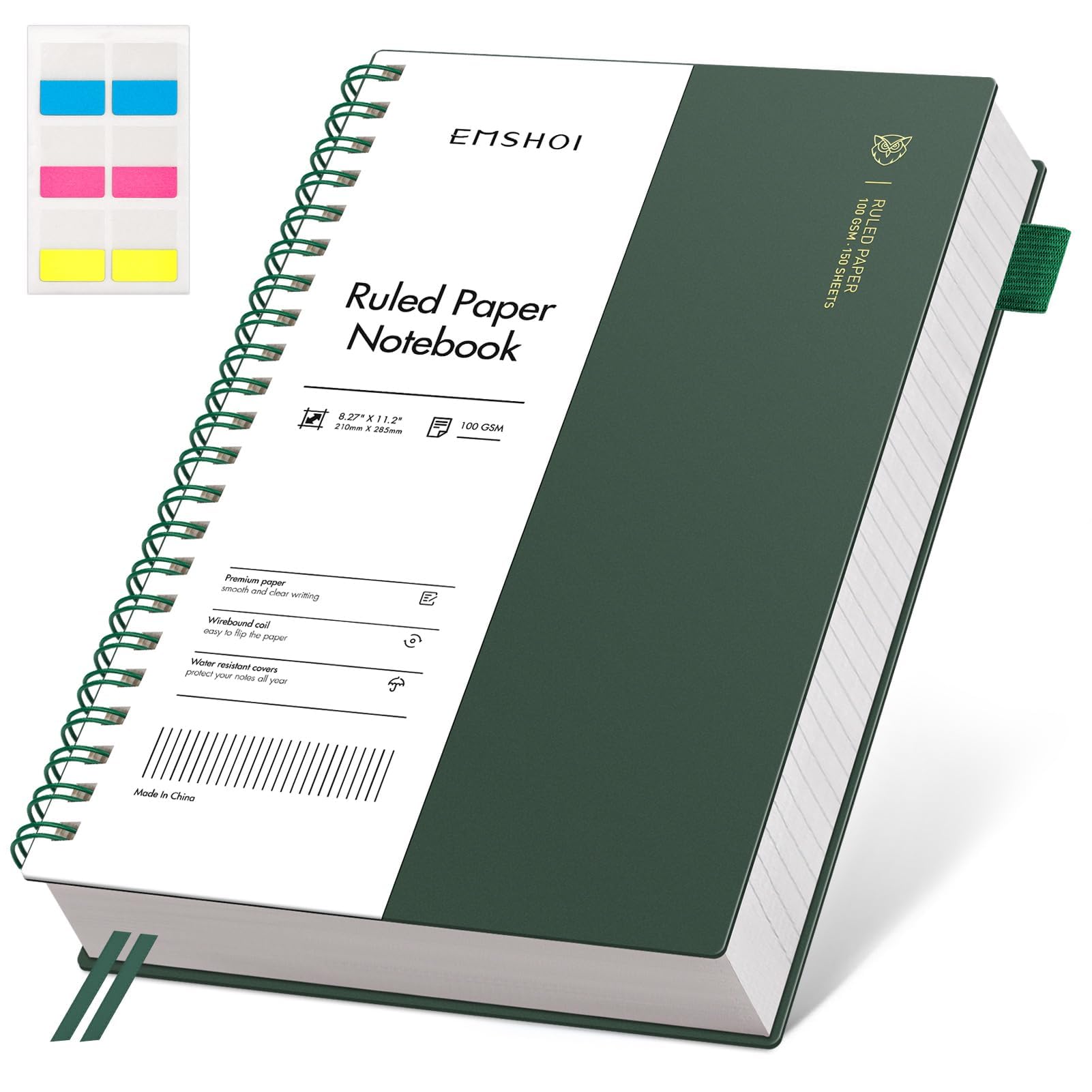 EMSHOI Lined Journal A4 Spiral Notebook, College Ruled Notebook, 300 Pages/150 Sheets, 100gsm Acid-Free Paper, Waterproof Softcover Notebook for School, Work, Writing, 8.27" × 11.2" - Dark Green