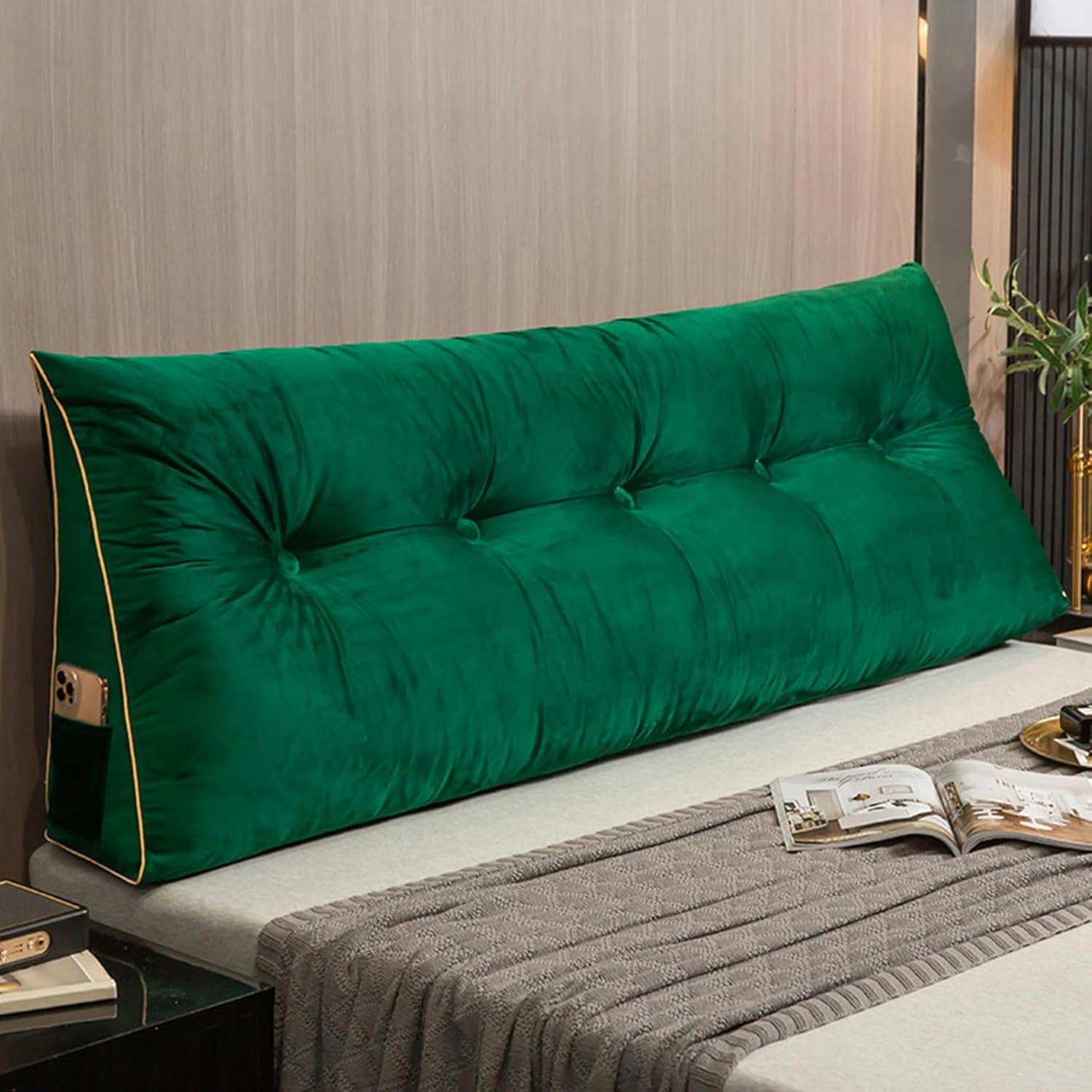 AMNOOL Large Triangular Headboard Pillow Wedge Reading Bed Rest Pillow Solid Color Backrest for Daybed Bunk Bed Positioning Support Cushion with Removable Cover, Green1