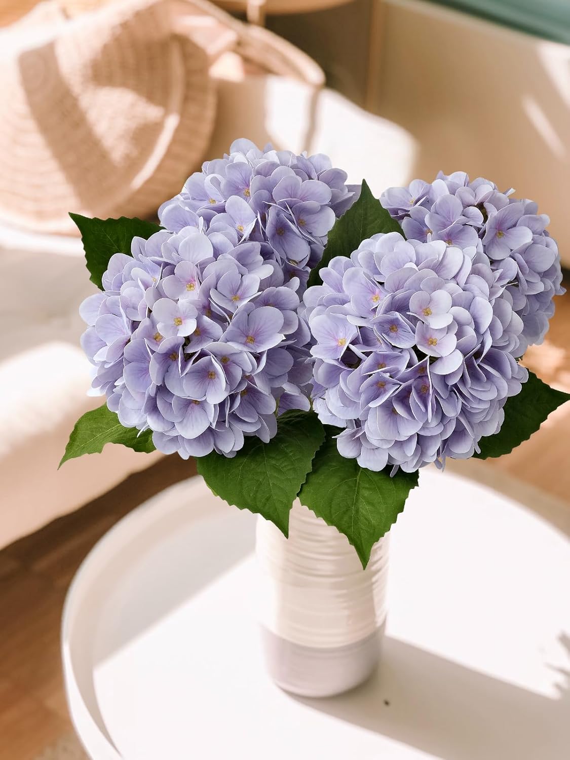 Pale Purple Hydrangea Artificial Flowers, 19.6" 4PCS Fake Real Touch Large Faux Hydrangea Silk Bouquet with Green Stems Leaves Plant Outdoor Indoor Family Table Office Decoration - Image 8