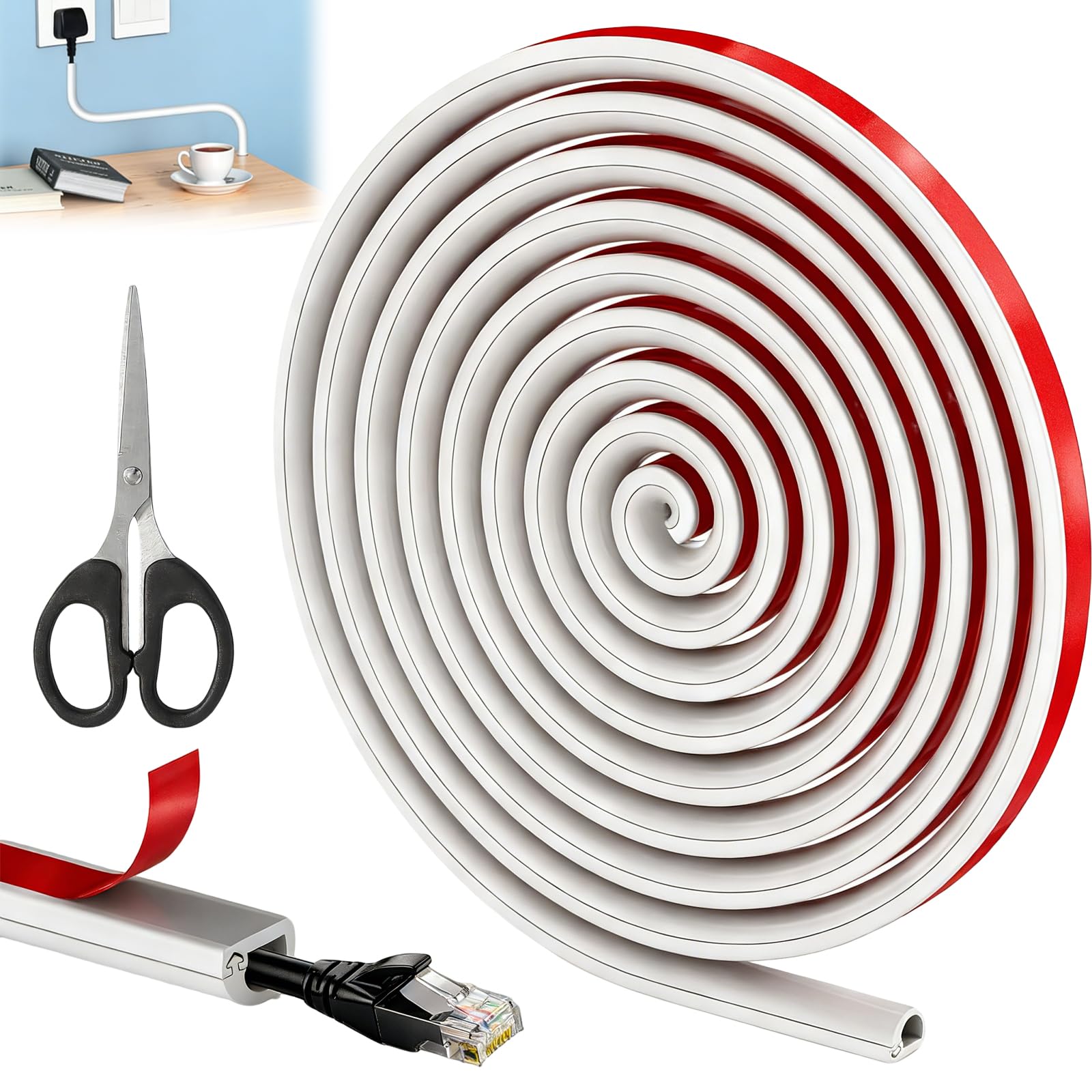 3M Trunking for Electric Cables, Half Round Cable Cover, Self Adhesive Tape Cable Duct to Hide Wire Mini Cables Trunking Flexible Cord Cover for Wires on Wall Floor(White)