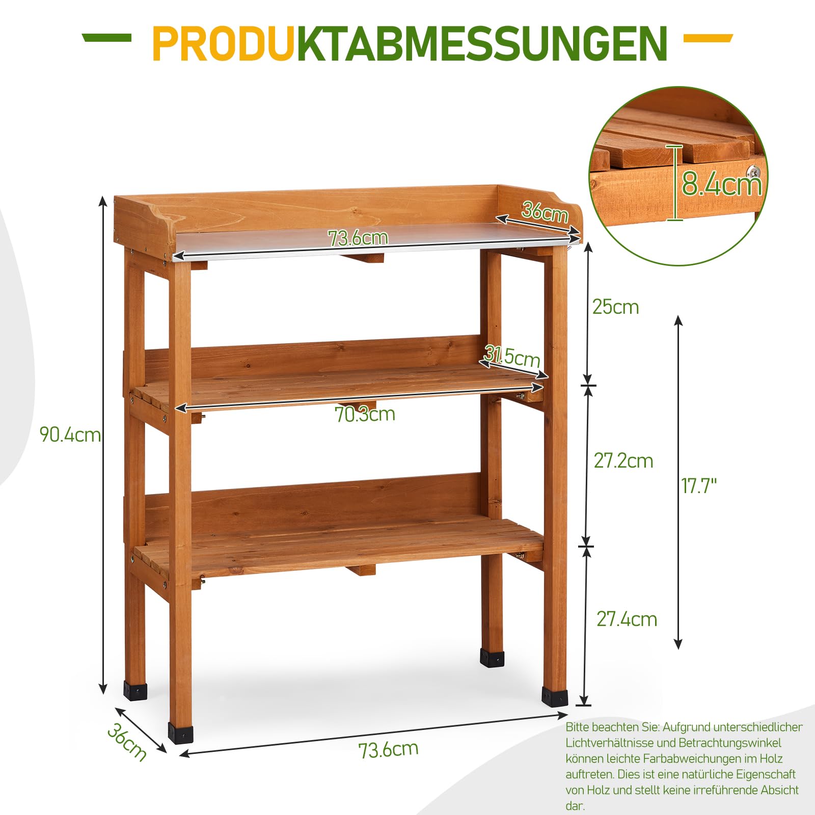 LEADZM Pflanztisch Outdoor wetterfest 74 x 36 x 90 cm - Verzinkte Arbeitsplatte, zweistufiges Regal und 3 Haken, pflanztisch für Garten/Balkon/Terrasse (Holzfarbe)