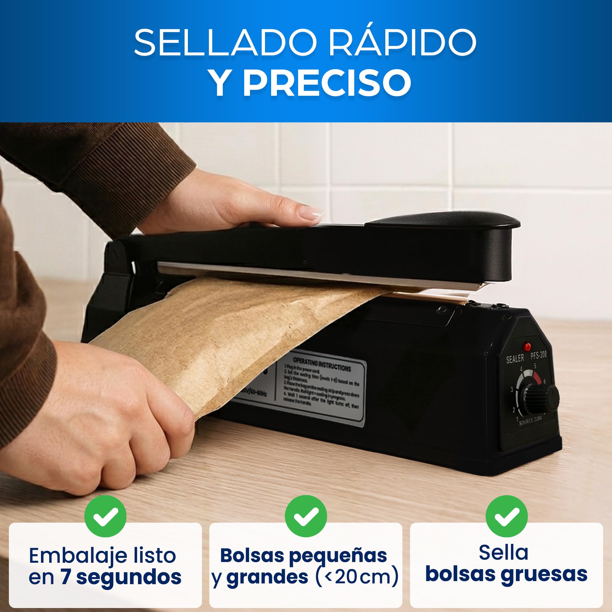 Máquina de sellado de 200 mm, sellador térmico profesional para bolsas de plástico, aluminio, kraft - termoselladora con 8 resistencias
